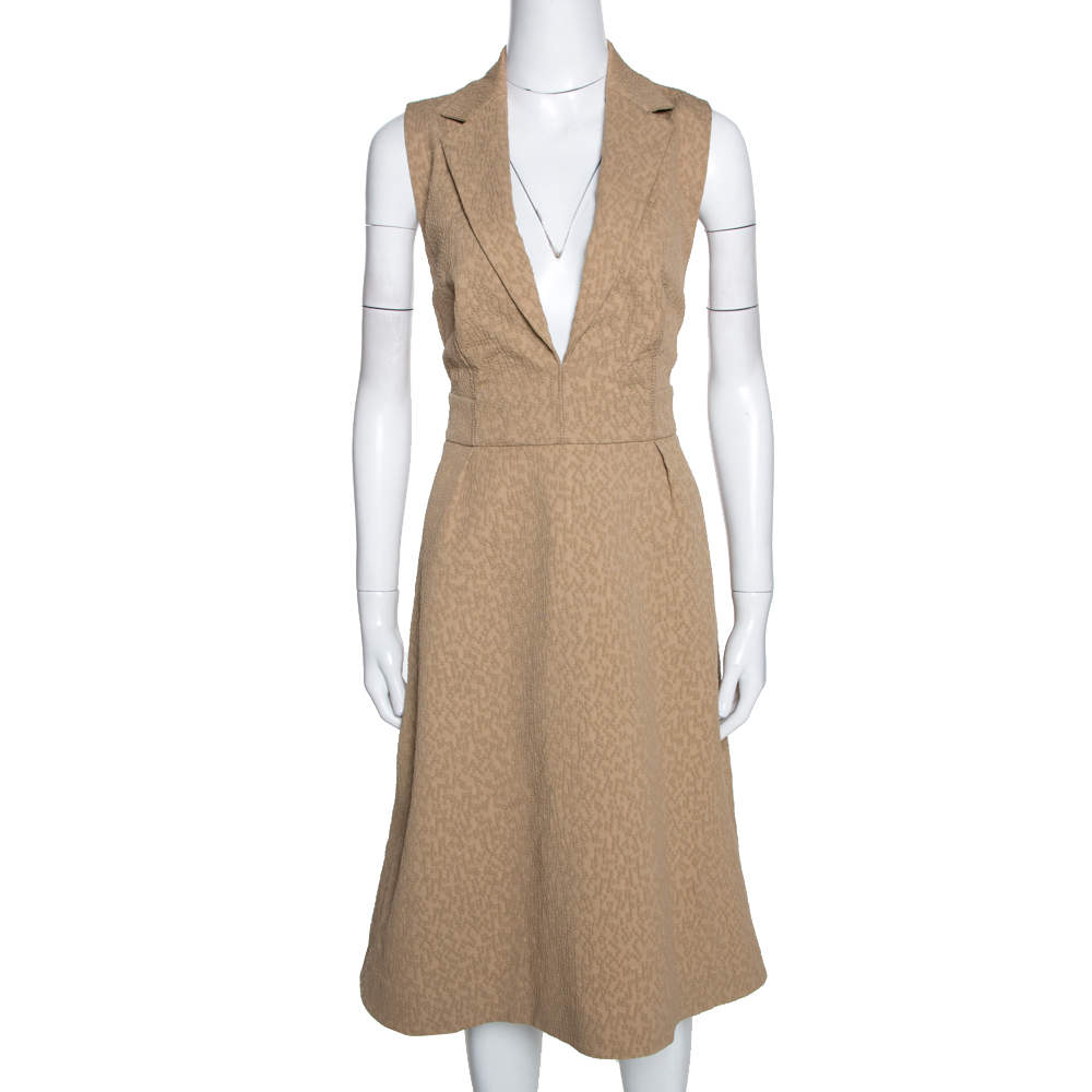 Pre Owned Yves Saint Laurent Beige Textured Wool Blend Cutout Detail Wrap Dress M