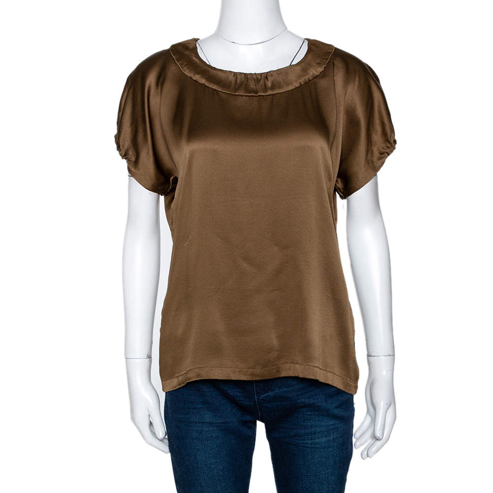 Pre Owned Yves Saint Laurent Brown Silk Satin Short Sleeve Top M