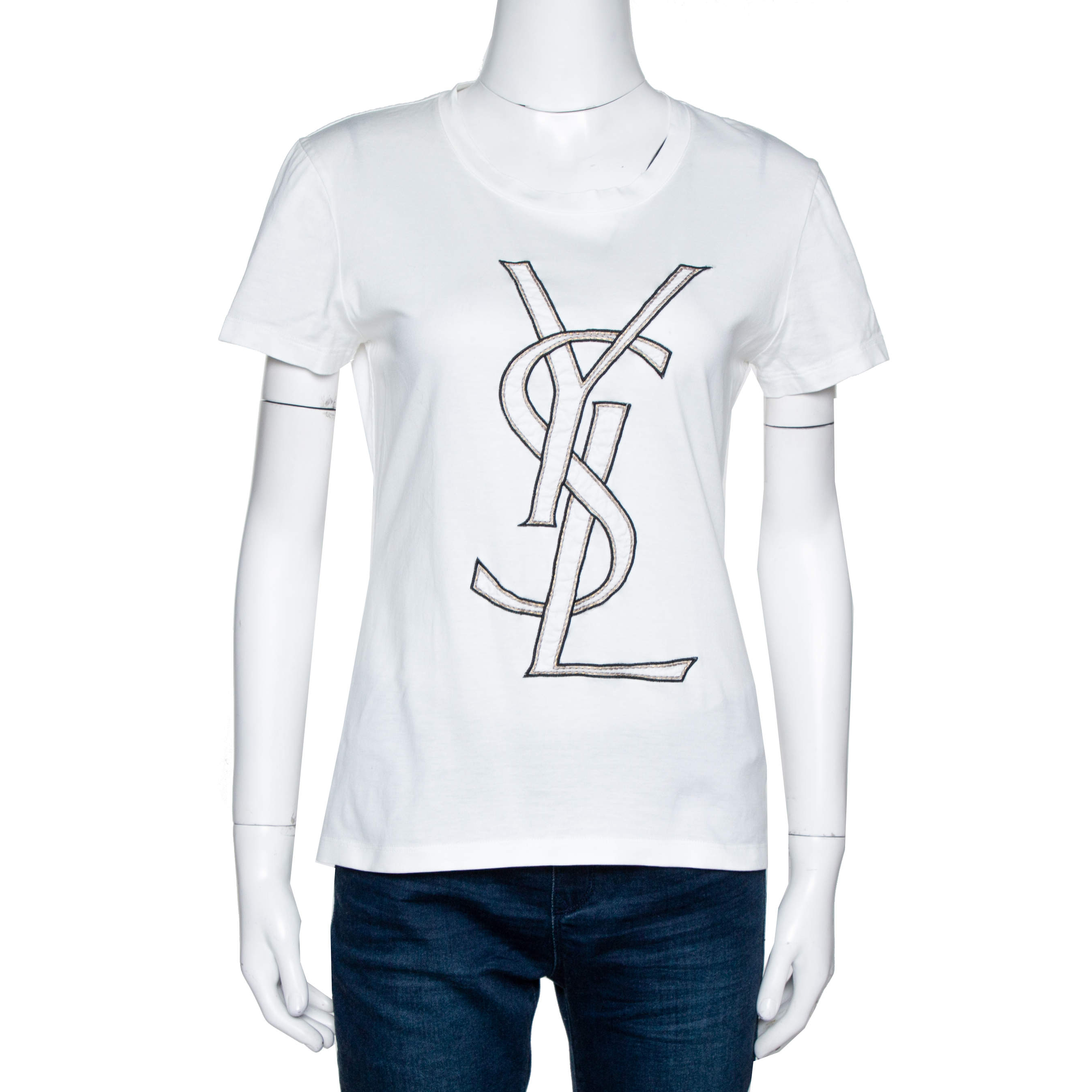 Yves Saint Laurent White Logo Embroidered Cotton Fitted T-Shirt L Yves ...