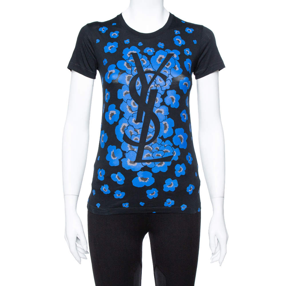 Pre Owned تي شيرت إيف سان لوران قطن طباعة شعار زهور أسود S