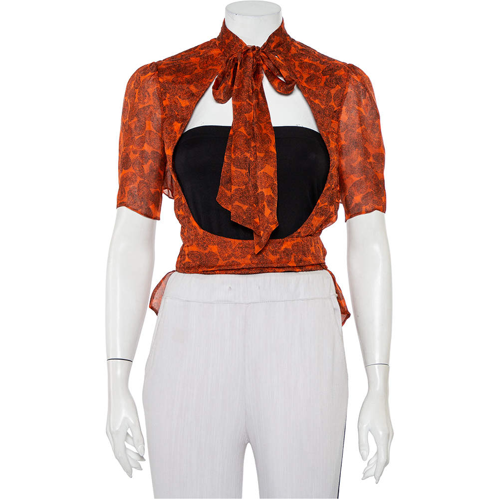 Pre Owned Yves Saint Laurent Brown Fingerprint Silk Neck Tie Detail Shrug M