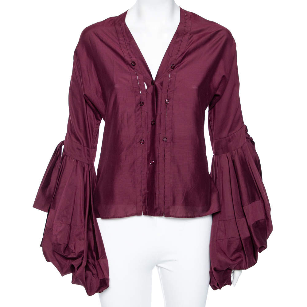 مملوكة مسبقًا قميص أيف سان لوران أكمام منتفخة قطن عنابي مقاس متوسط