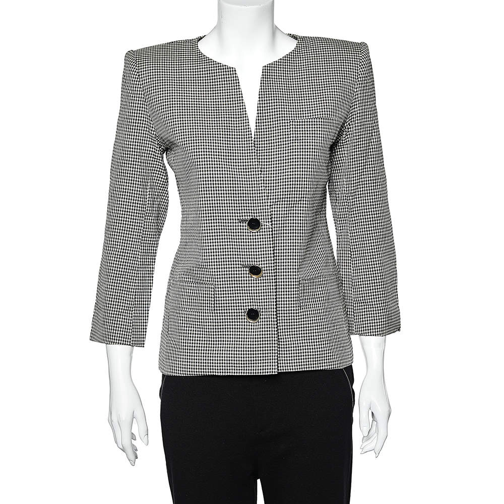 Yves Saint Laurent Diffusion Femmes Vintage Monochrome Gingham Checkered Wool Collarless Jacket S