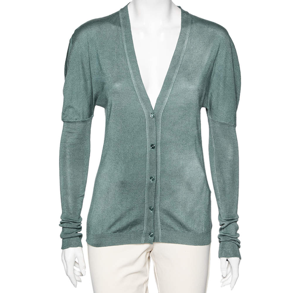 Pre Owned Yves Saint Laurent Green Cashmere & Silk Button Front Cardigan L