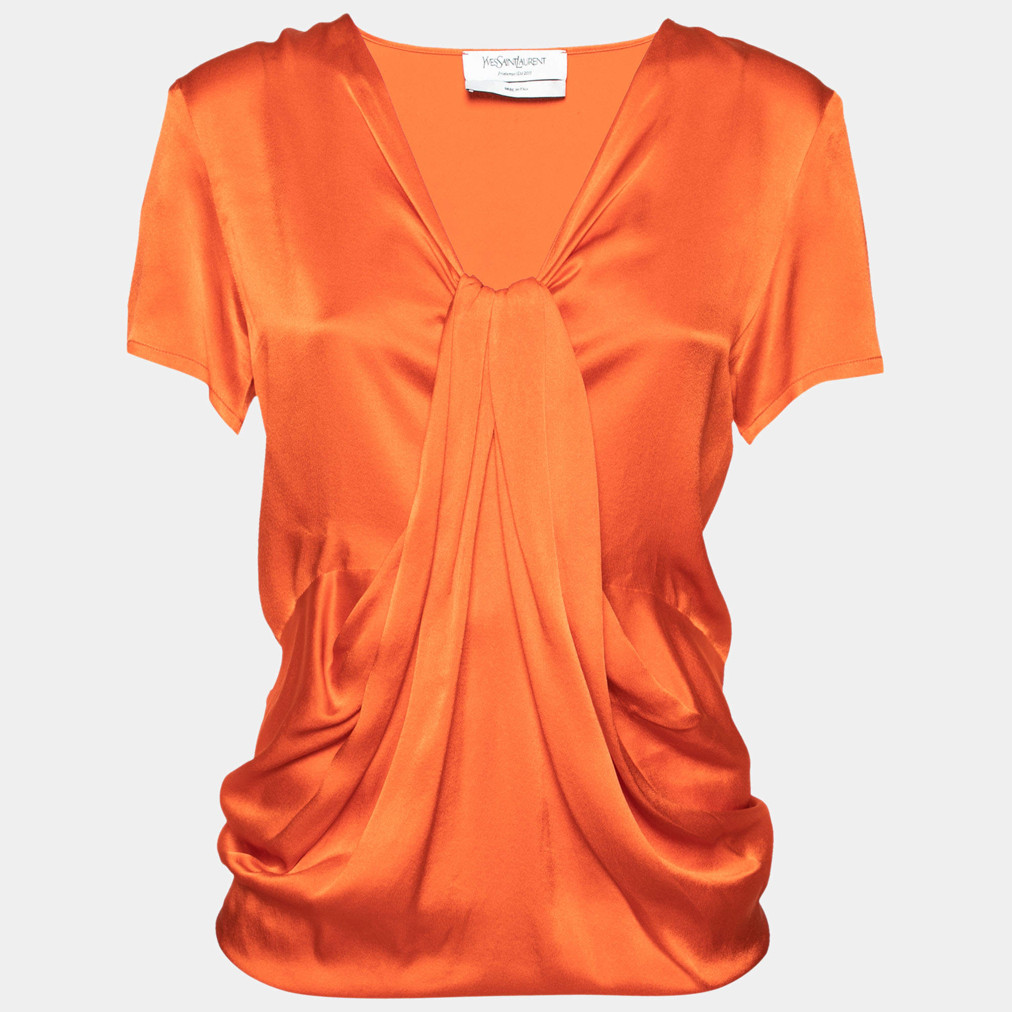 Pre Owned Yves Saint Laurent Orange Silk Draped Front Short Sleeve Blouse M