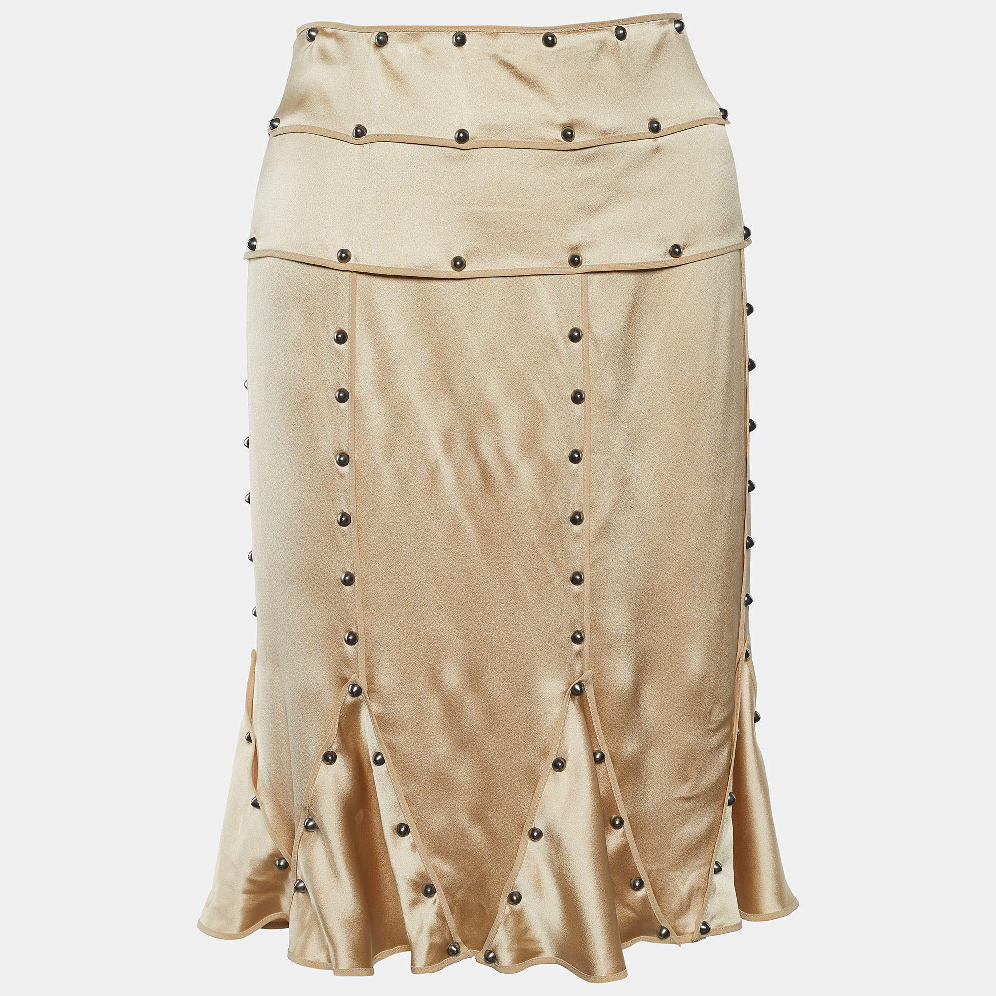Pre Owned Yves Saint Laurent Gold Silk Studded Flared Skirt M