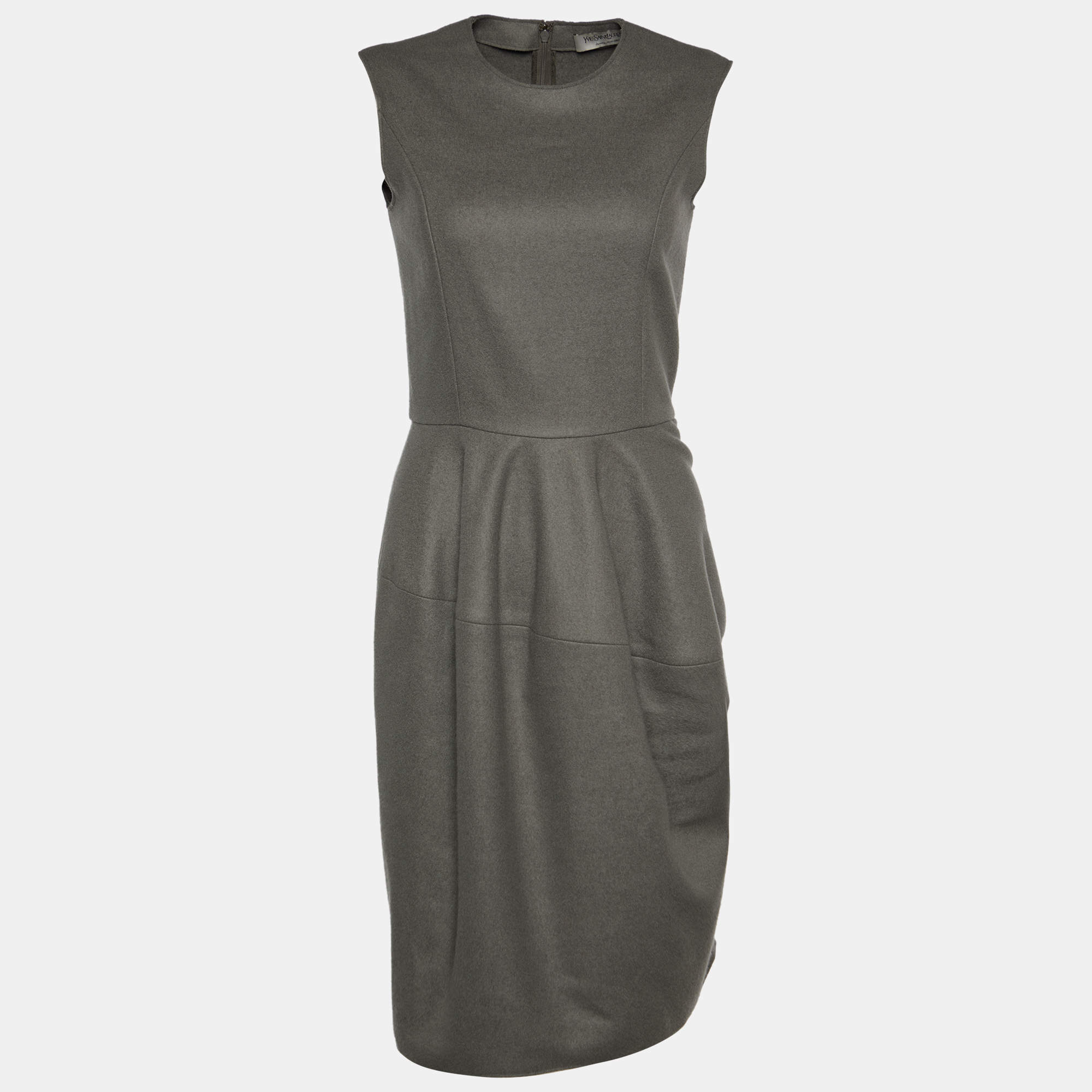 Pre Owned Yves Saint Laurent Moss Green Cashmere Sleeveless Sheath Dress S