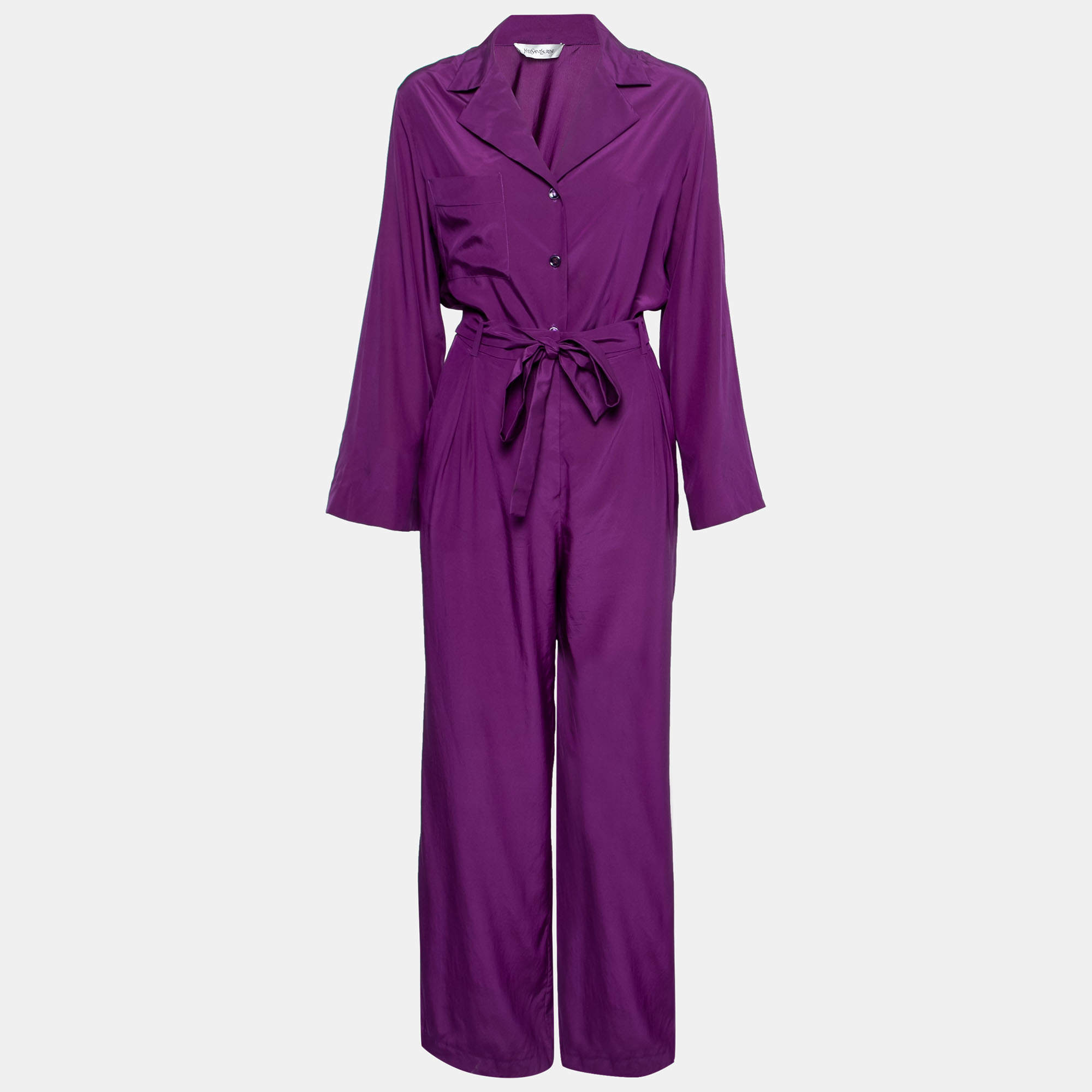 Pre Owned Yves Saint Laurent Purple Silk Waist Cutout Detail Jumpsuit M