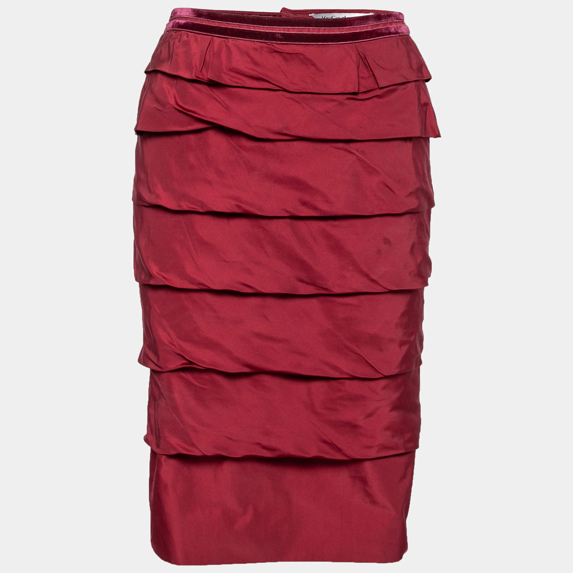Pre Owned Yves Saint Laurent Vintage Red Silk Tiered Pencil Skirt M
