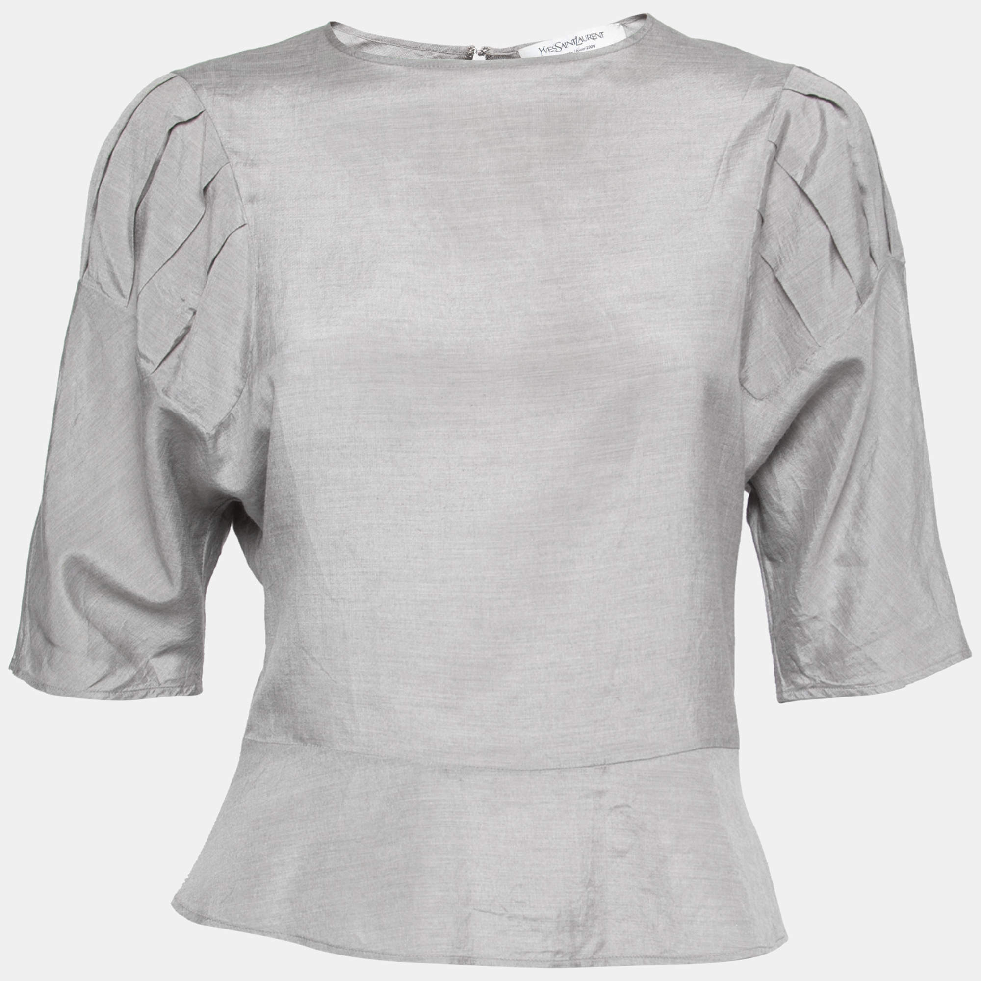 Pre Owned Yves Saint Laurent Grey Silk & Cotton Round Neck Top M