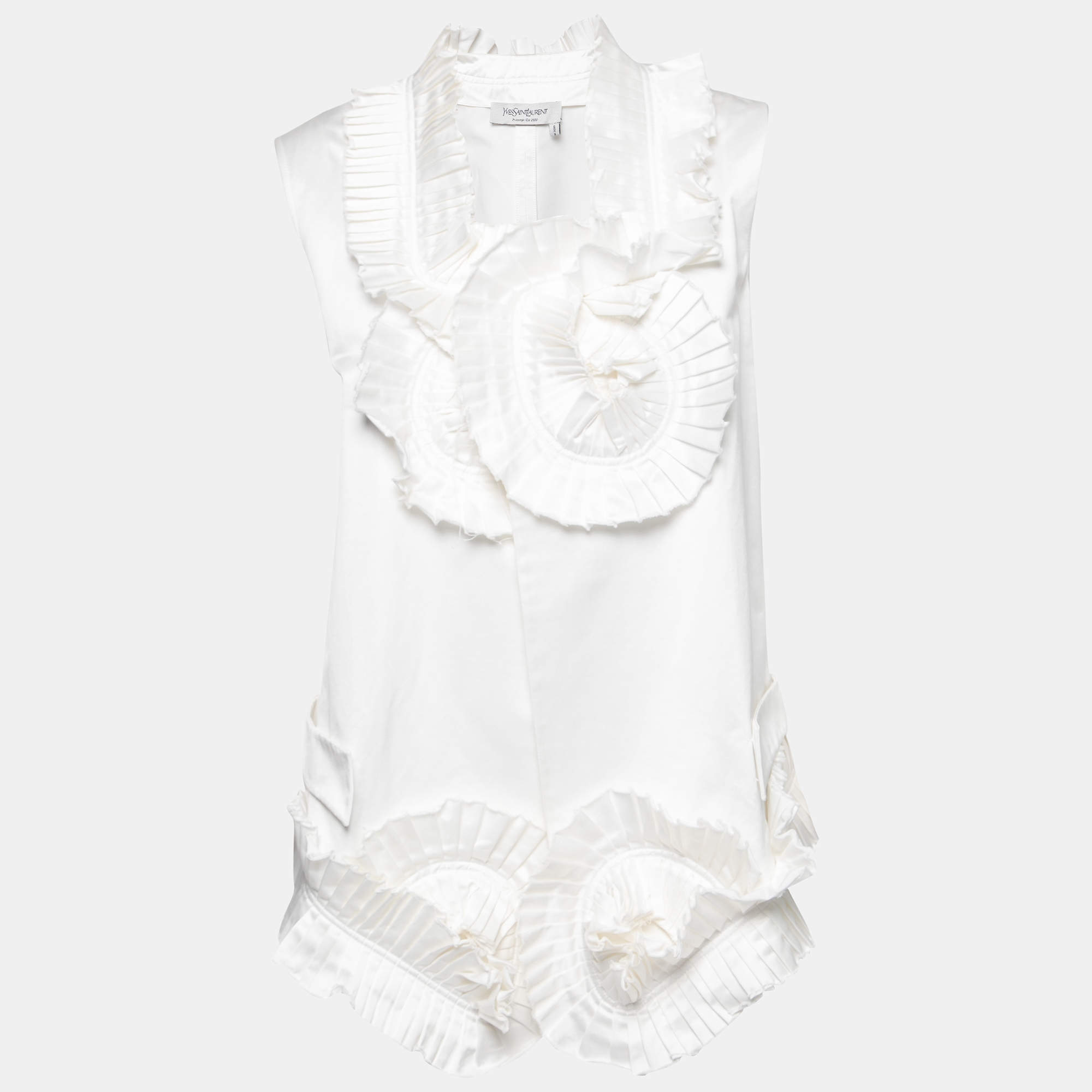 Pre Owned Yves Saint Laurent White Cotton Pleated Ruffled-Collar Boxy Vest M