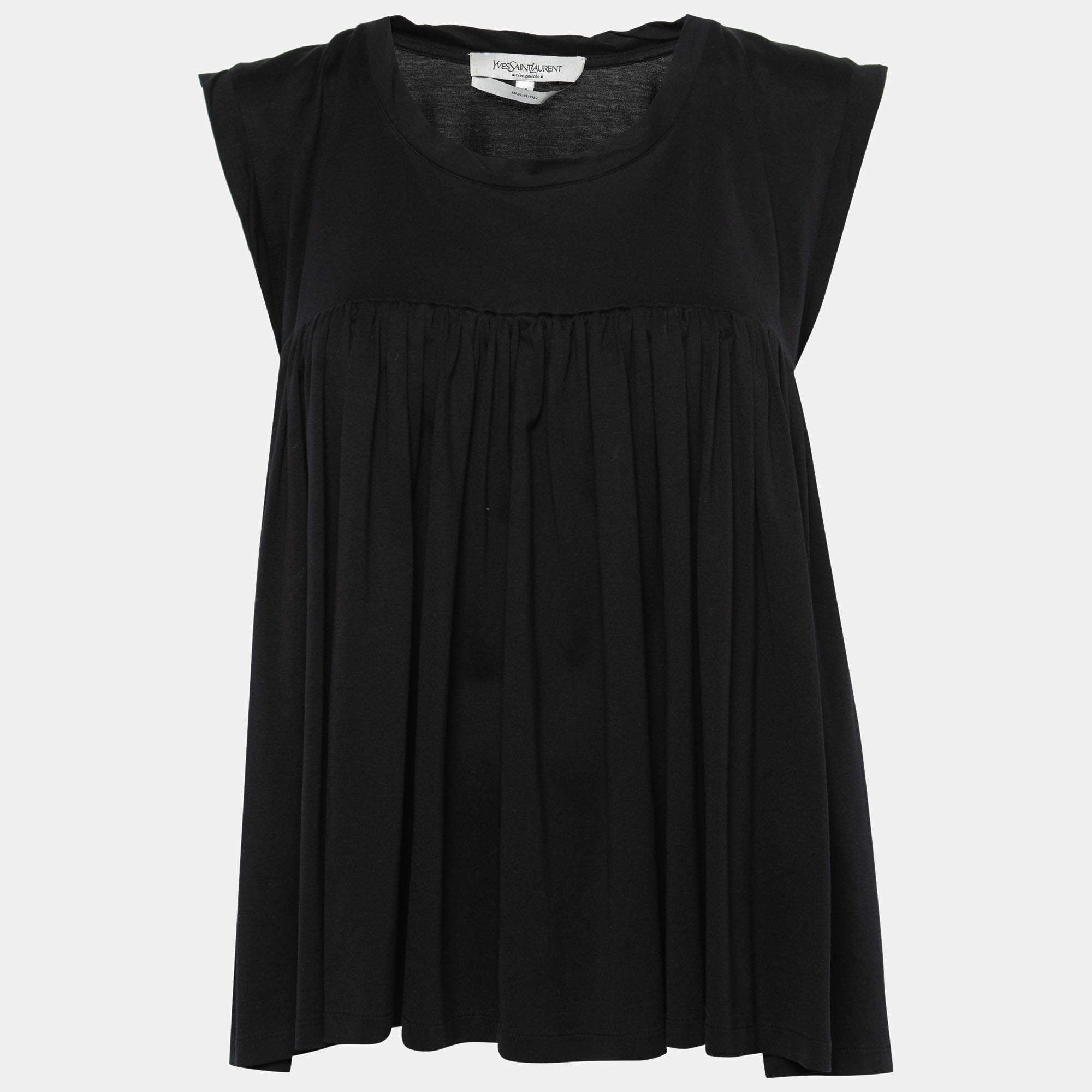 Pre Owned Yves Saint Laurent Black Cotton Gathered Sleeveless Top M