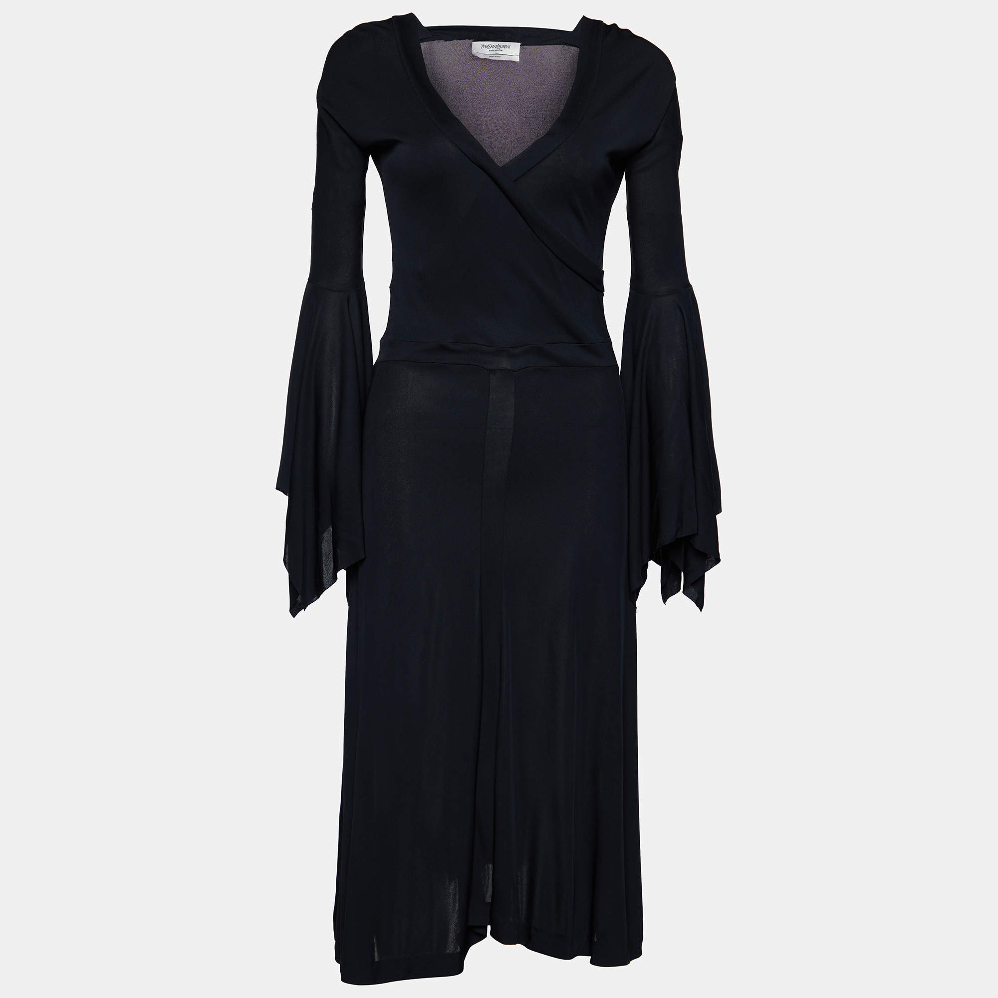 Pre Owned Yves Saint Laurent Black Jersey Bell Sleeve Midi Dress M