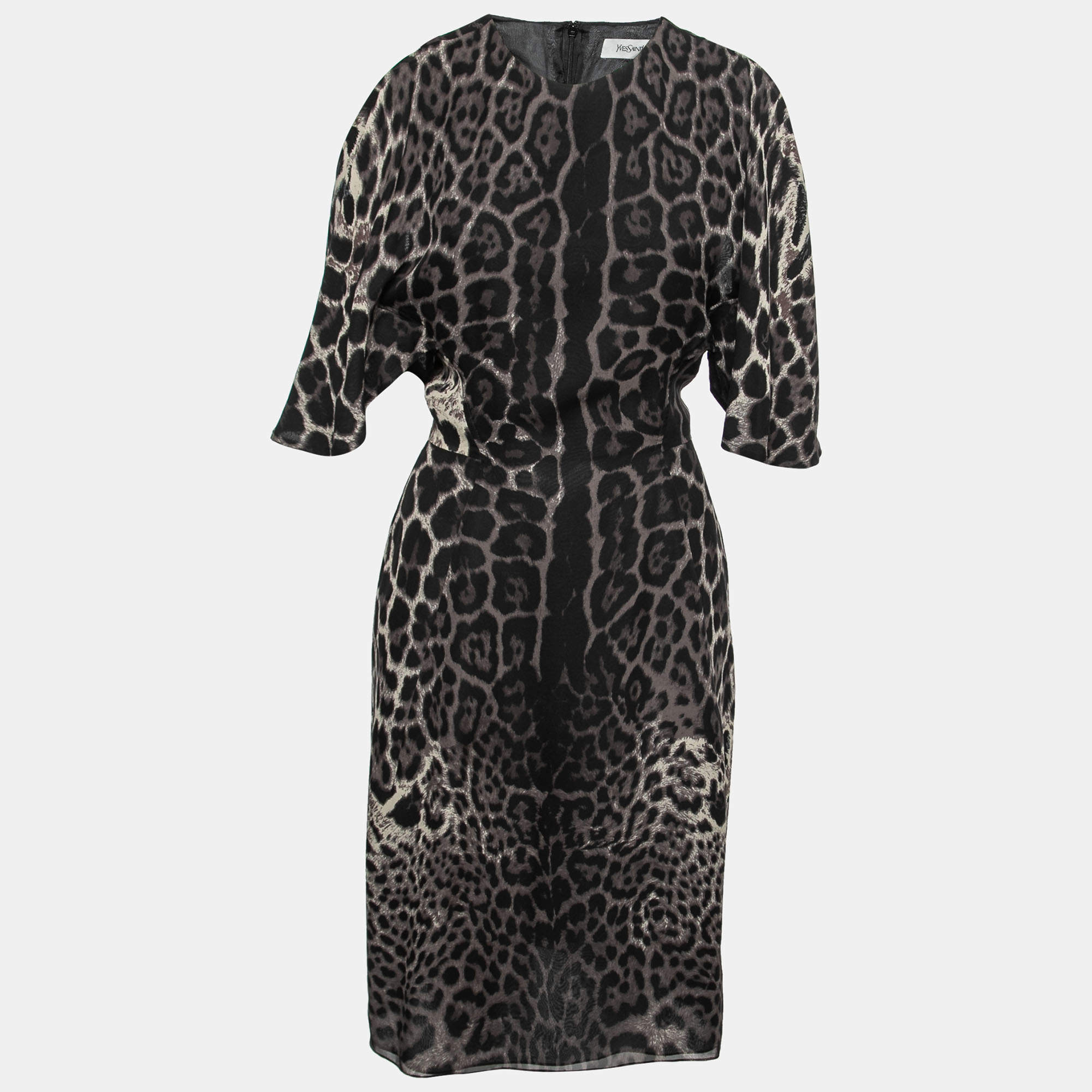 Pre Owned Yves Saint Laurent Black Animal Print Silk Cold-Shoulder Dress M