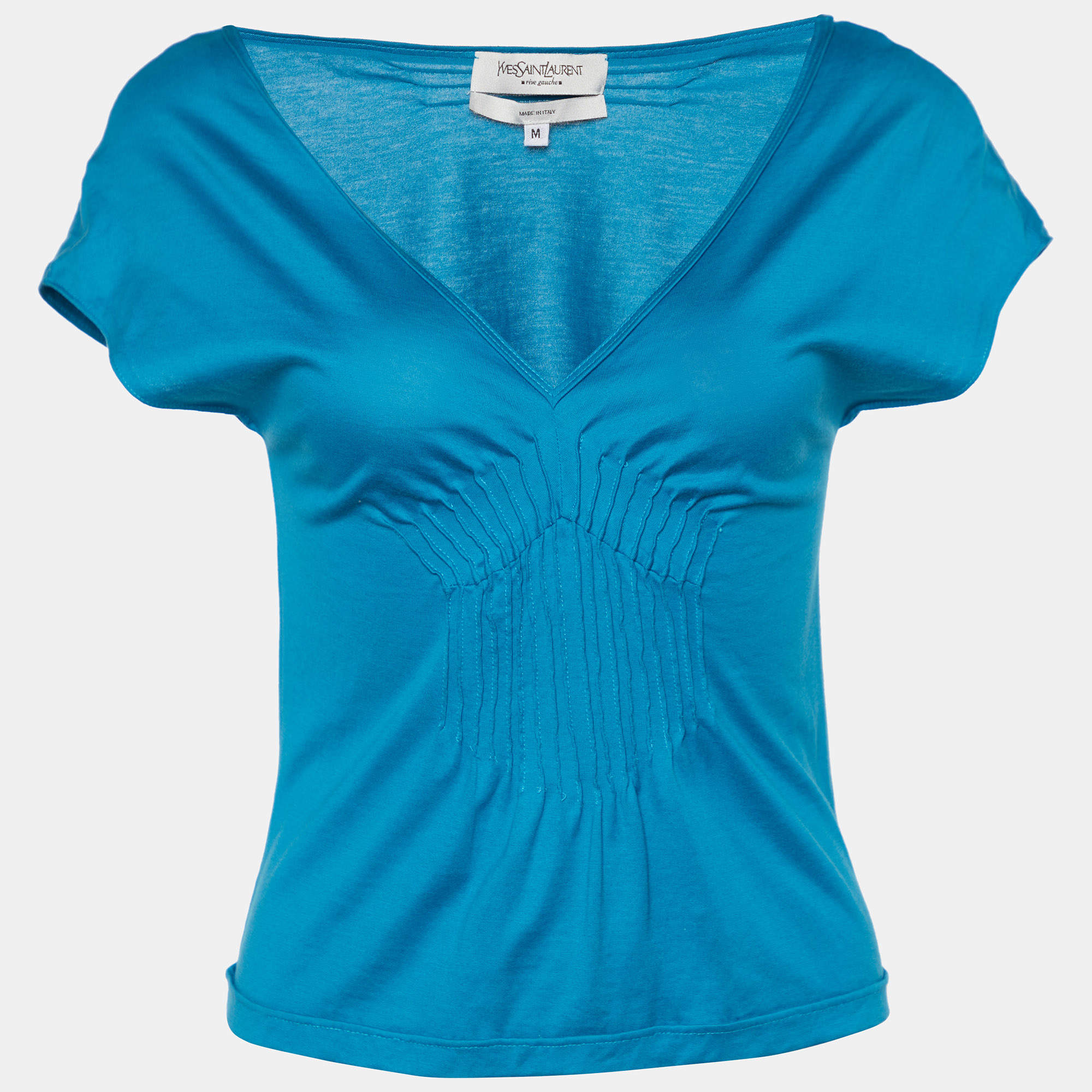 Pre Owned Yves Saint Laurent Blue Cotton V Neck Pin Tuck Detail Top M