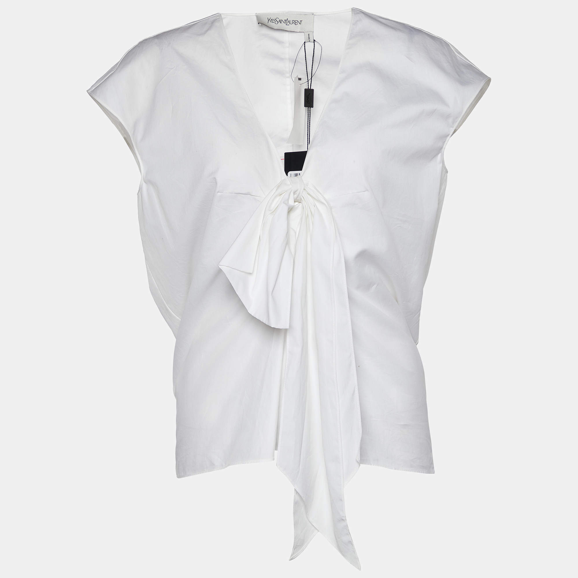 Pre Owned Yves Saint Laurent White Cotton Bow Detail V-Neck Top M