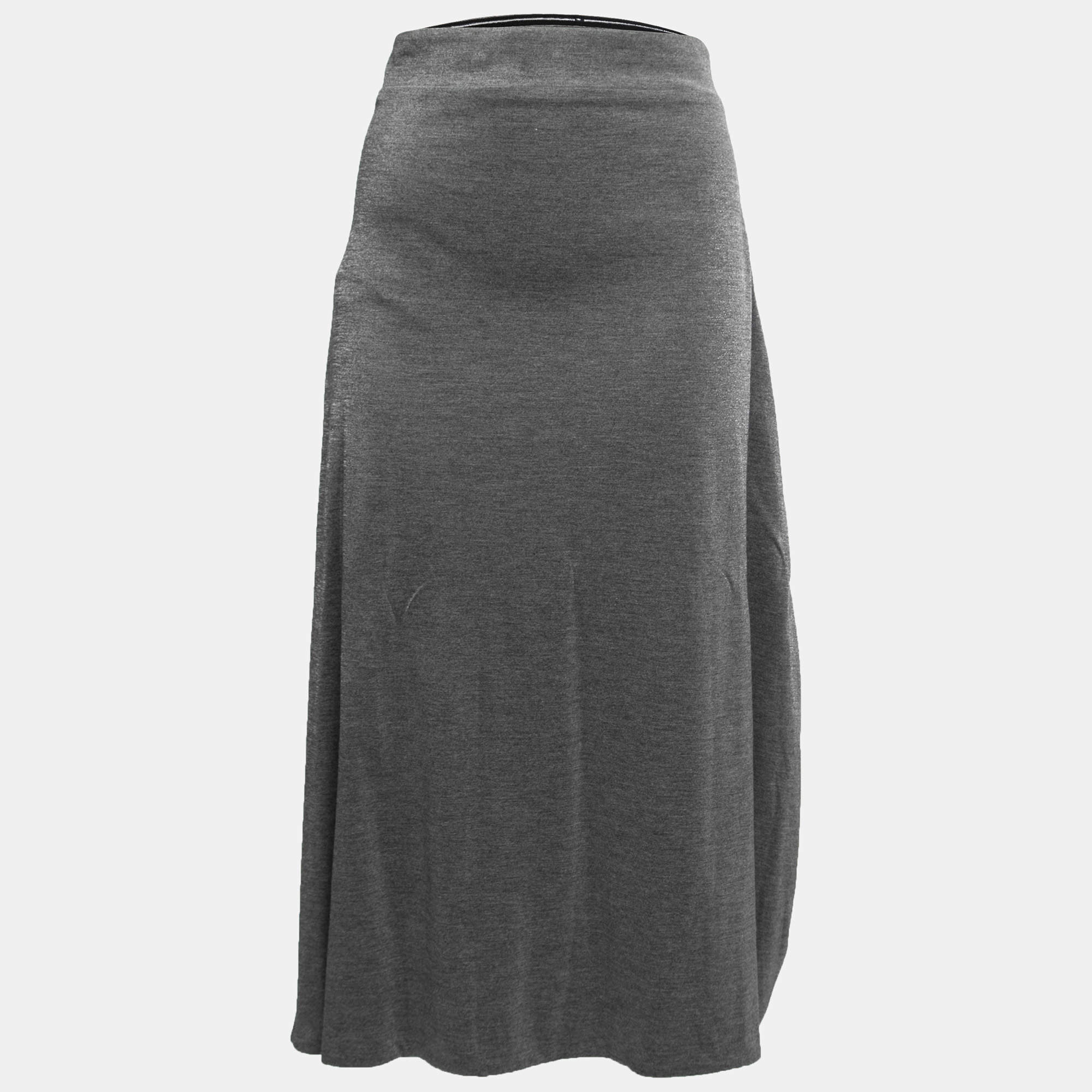 Pre Owned Yvest Saint Laurent Grey Shiny Jersey Midi Skirt M