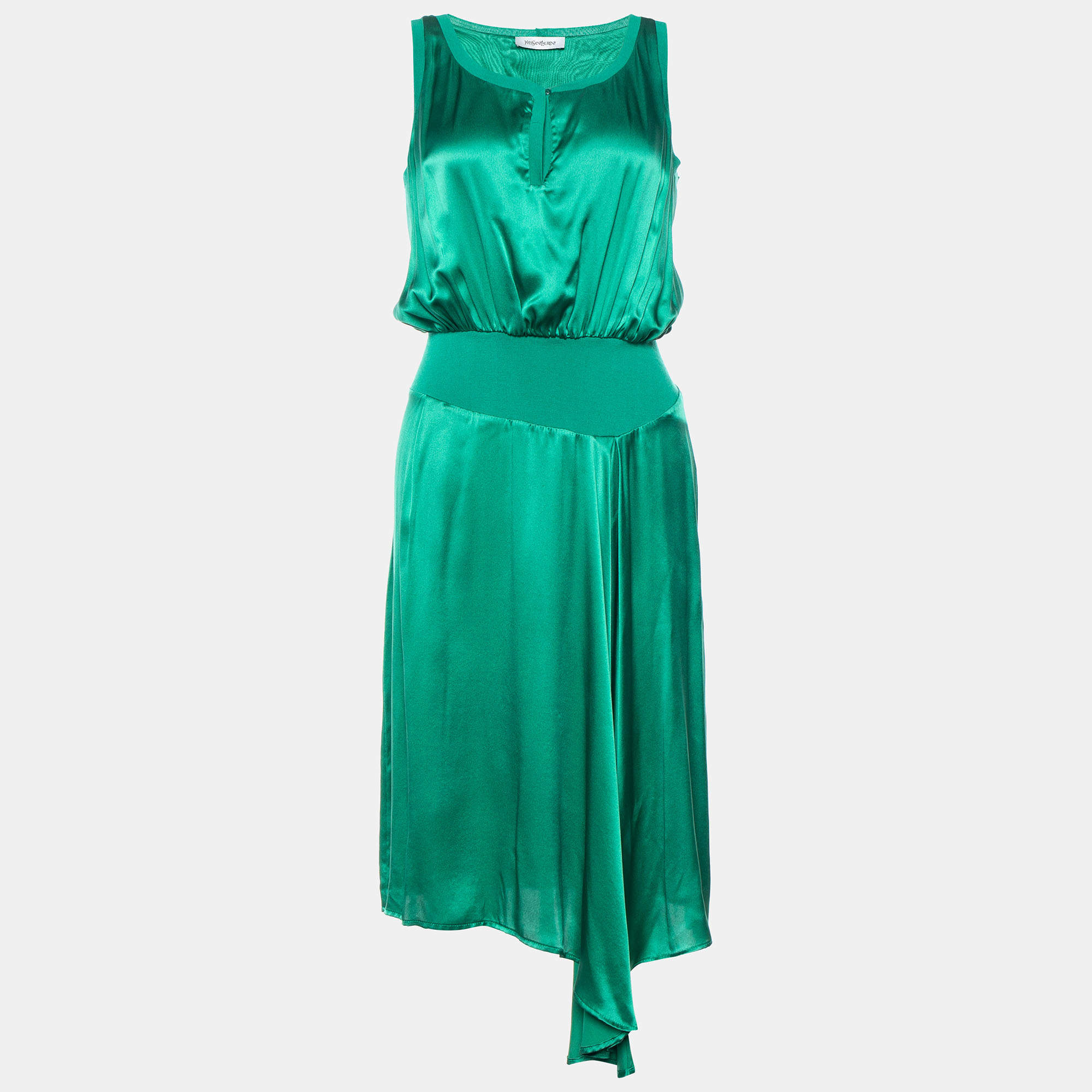 Pre Owned Yves Saint Laurent Green Satin Silk Sleeveless Midi Dress S