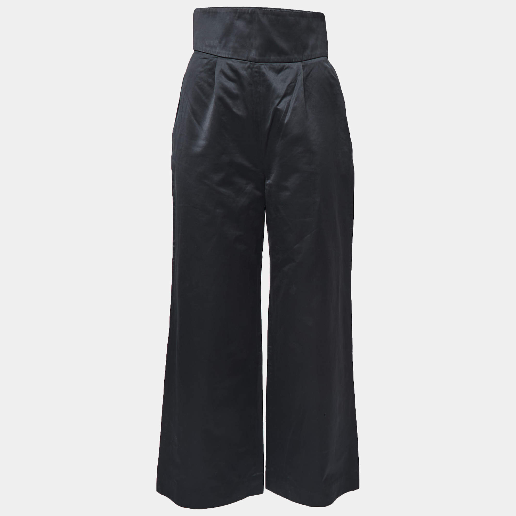 Pre Owned Yves Saint Laurent Black Satin High-Waist Wide Leg Trousers M