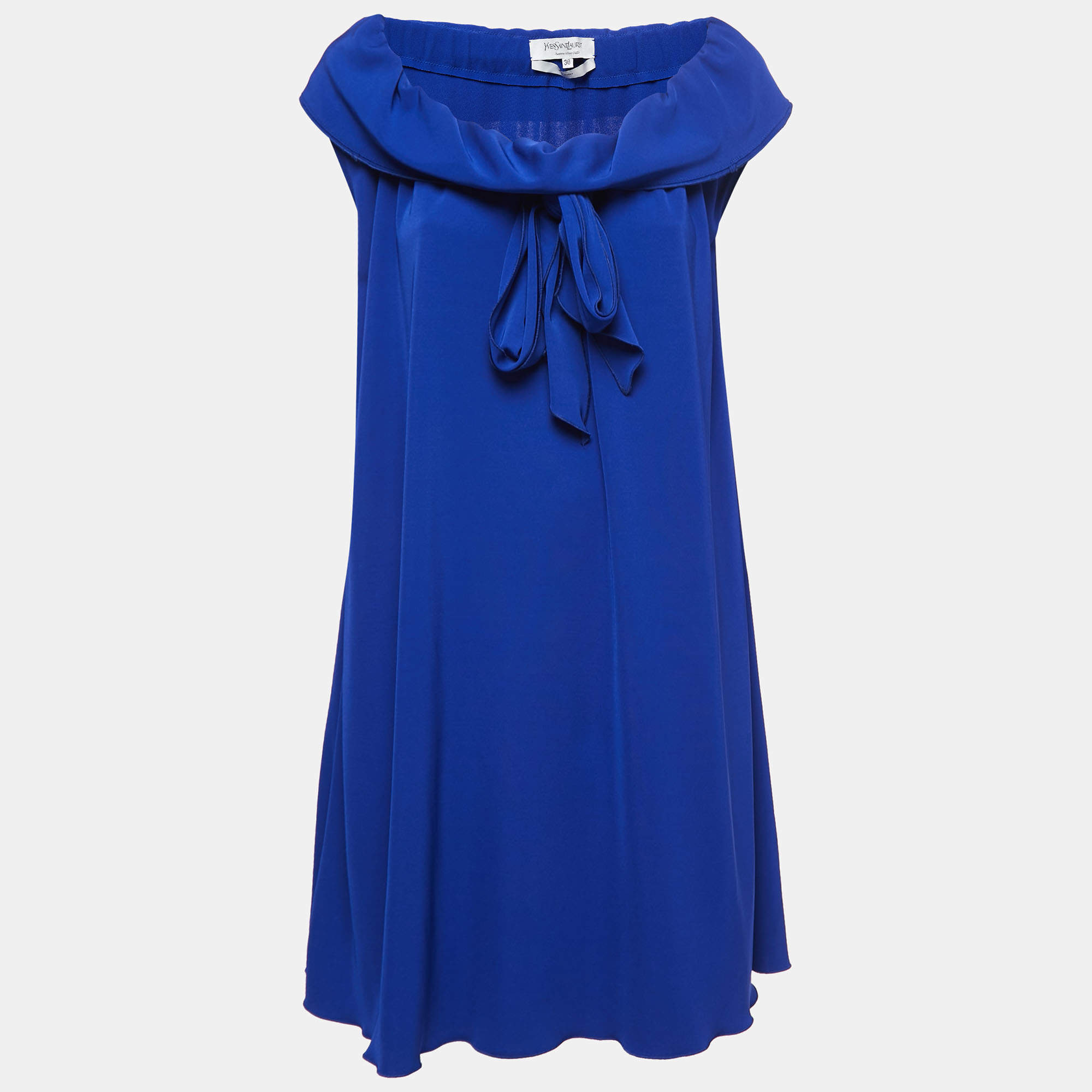 Pre Owned Yves Saint Laurent Blue Jersey Cowl Neck Short Dress S