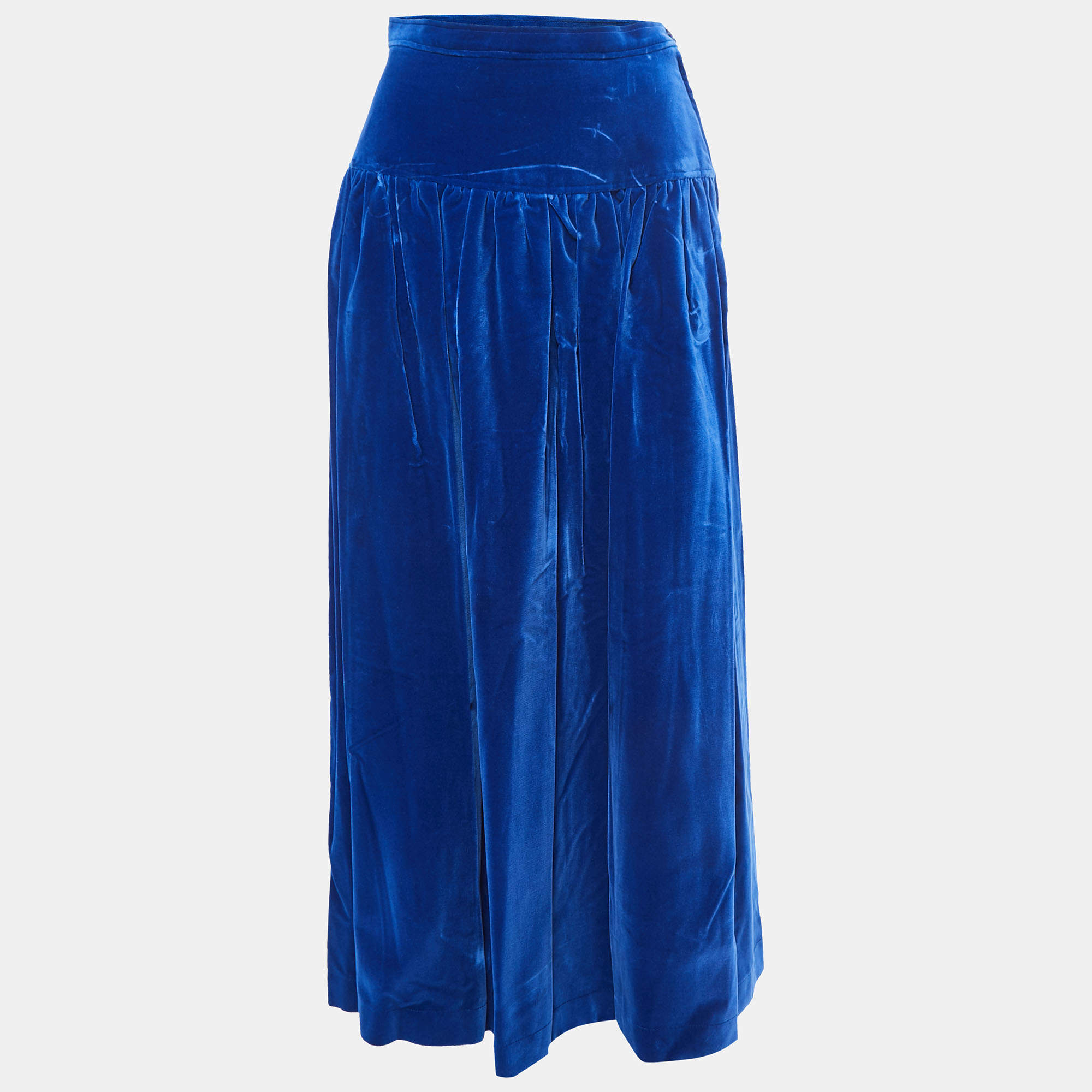 Pre Owned Yves Saint Laurent Blue Velvet Pleated Maxi Skirt S