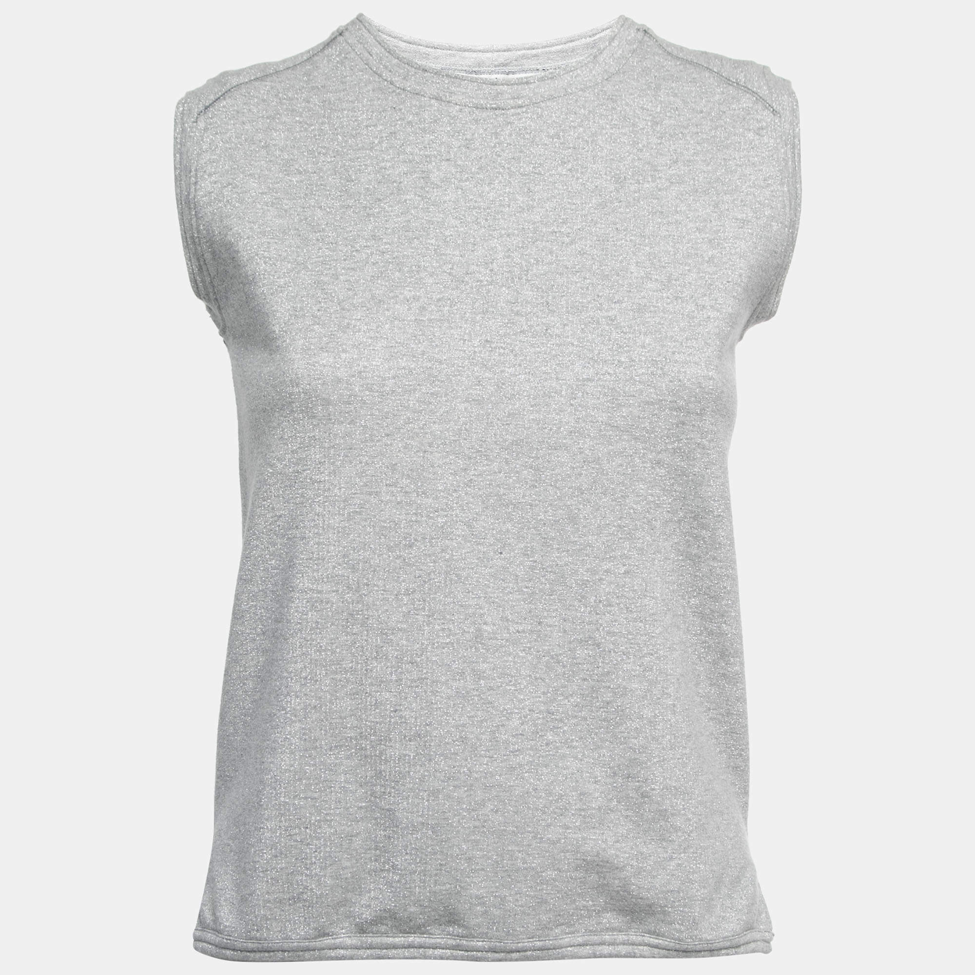 Pre Owned Yves Saint Laurent Metallic Silver Lurex Knit Sleeveless Top M