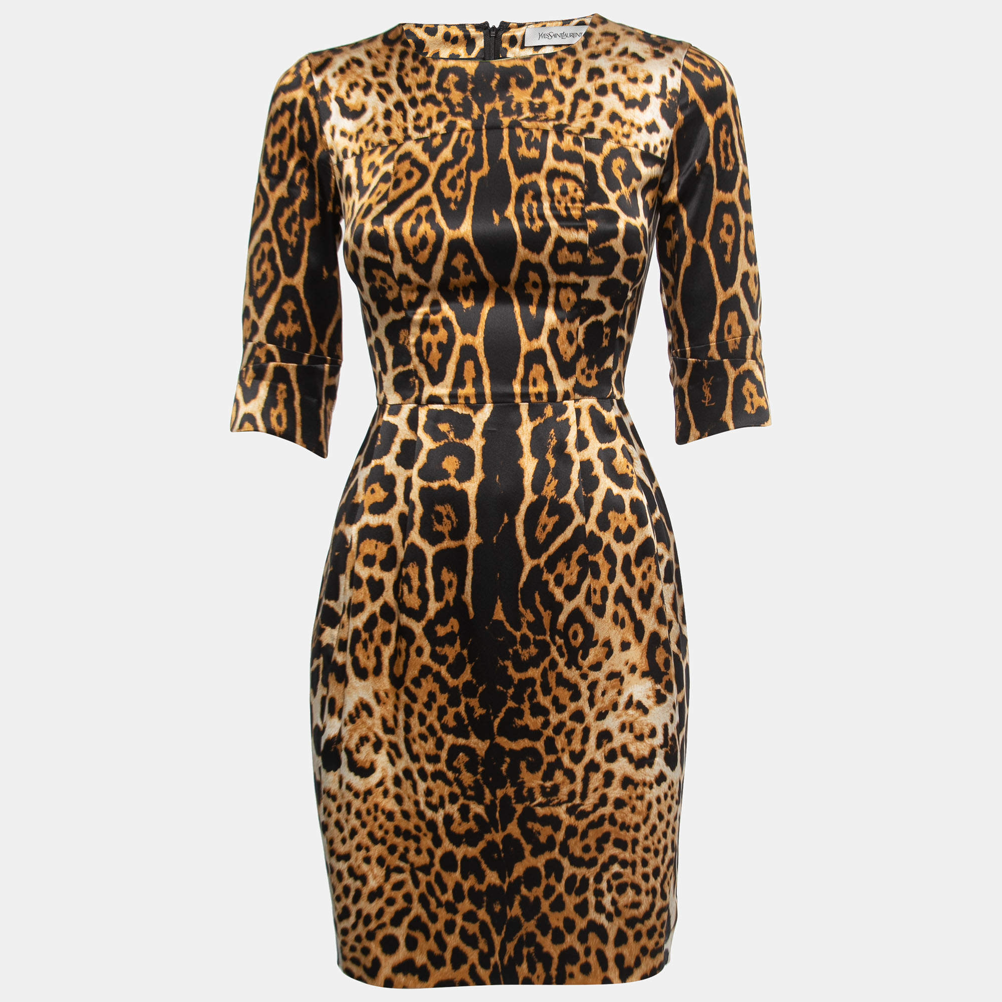 Pre Owned Yves Saint Laurent Brown Animal Printed Satin Silk Mini Dress S