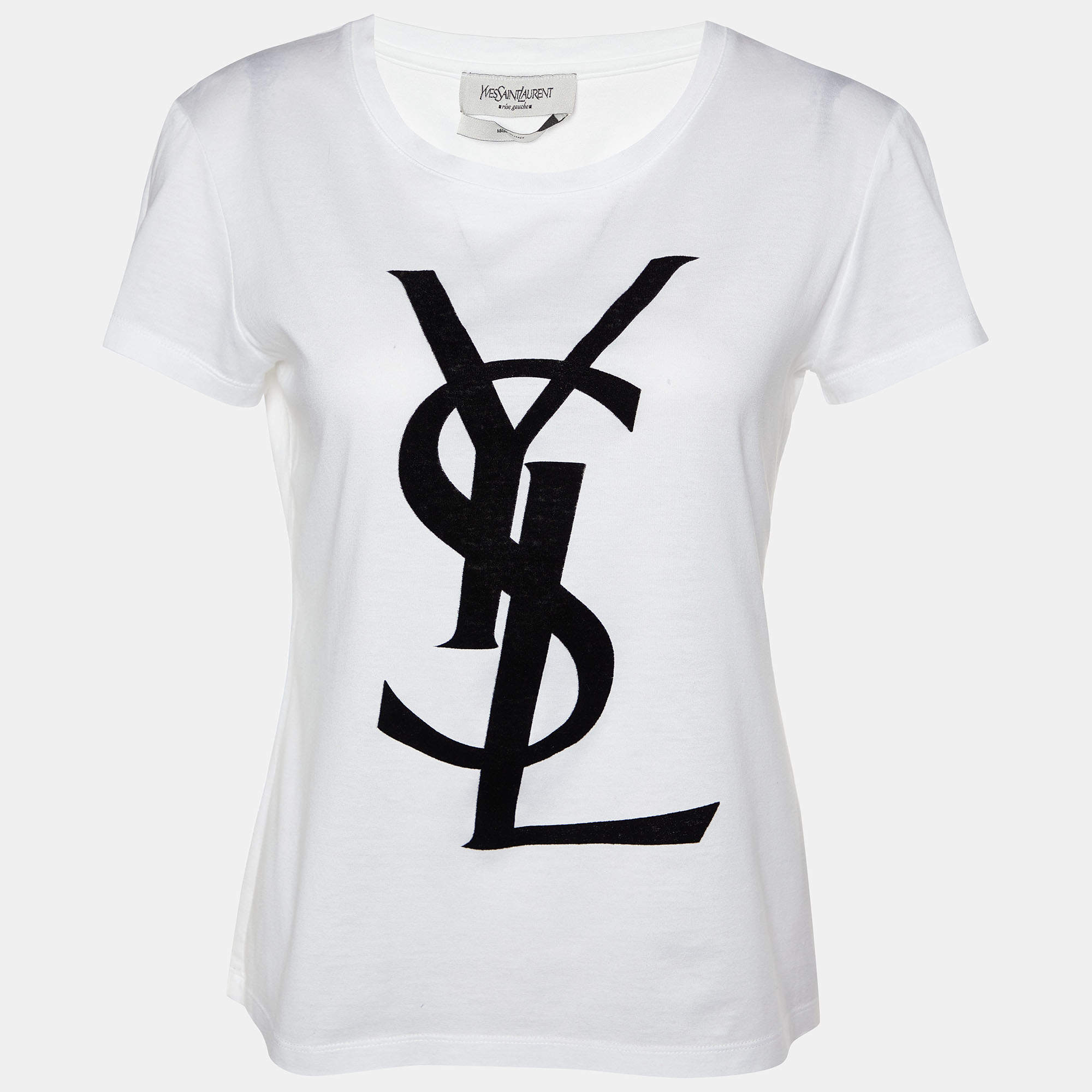 مملوكة مسبقًا Yves Saint Laurent Rive Gauche White Logo Printed Cotton T-Shirt M
