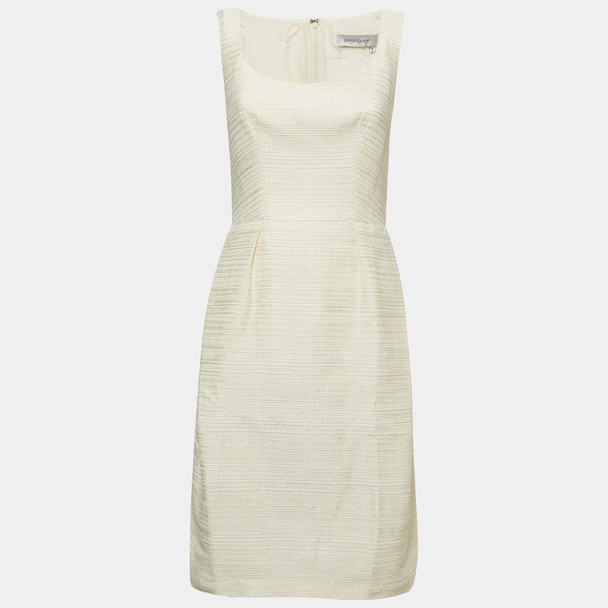 Pre Owned Yves Saint Laurent Cream Jacquard Sheath Midi Dress M