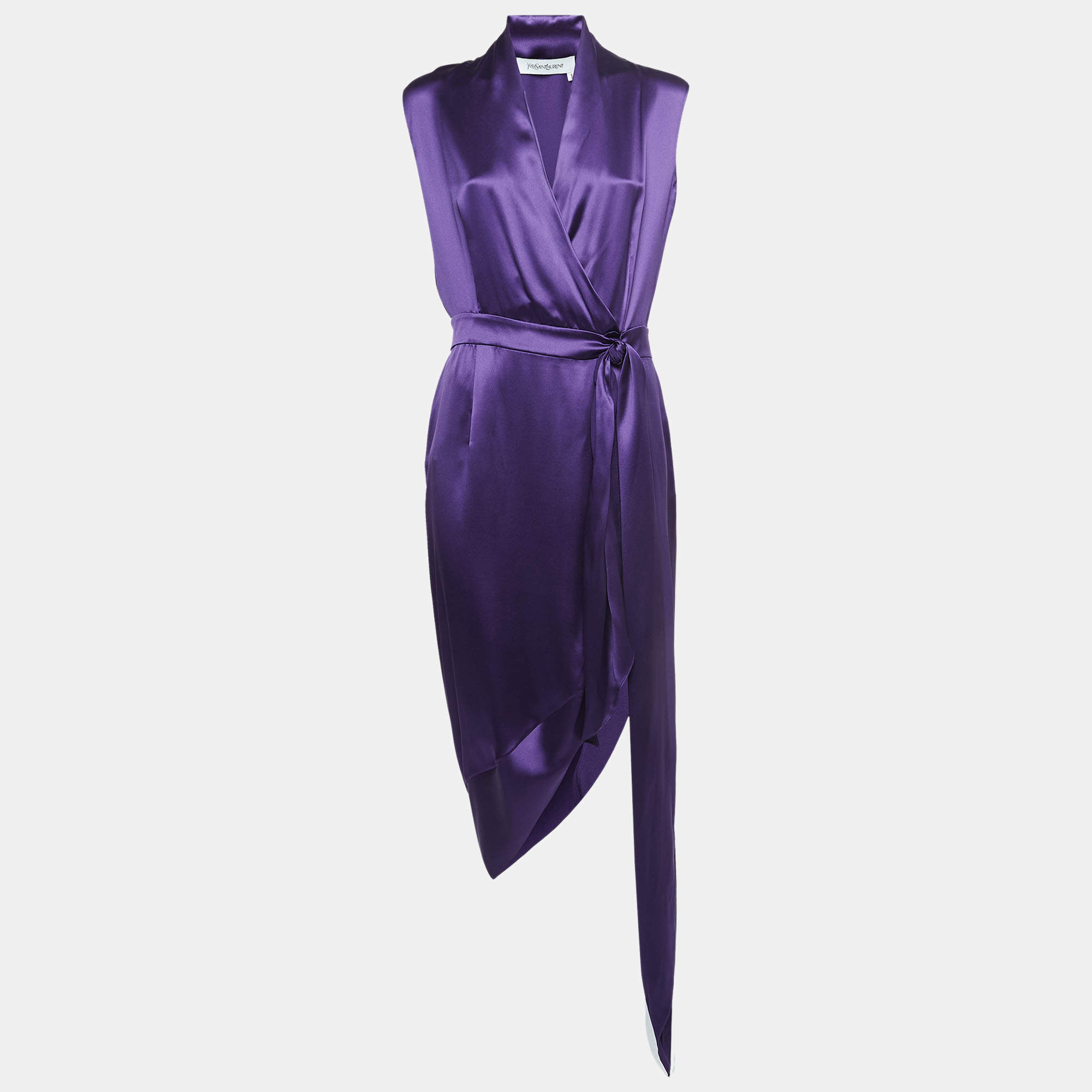 Yves Saint Laurent Purple Draped Satin Sleeveless Asymmetric Dress L