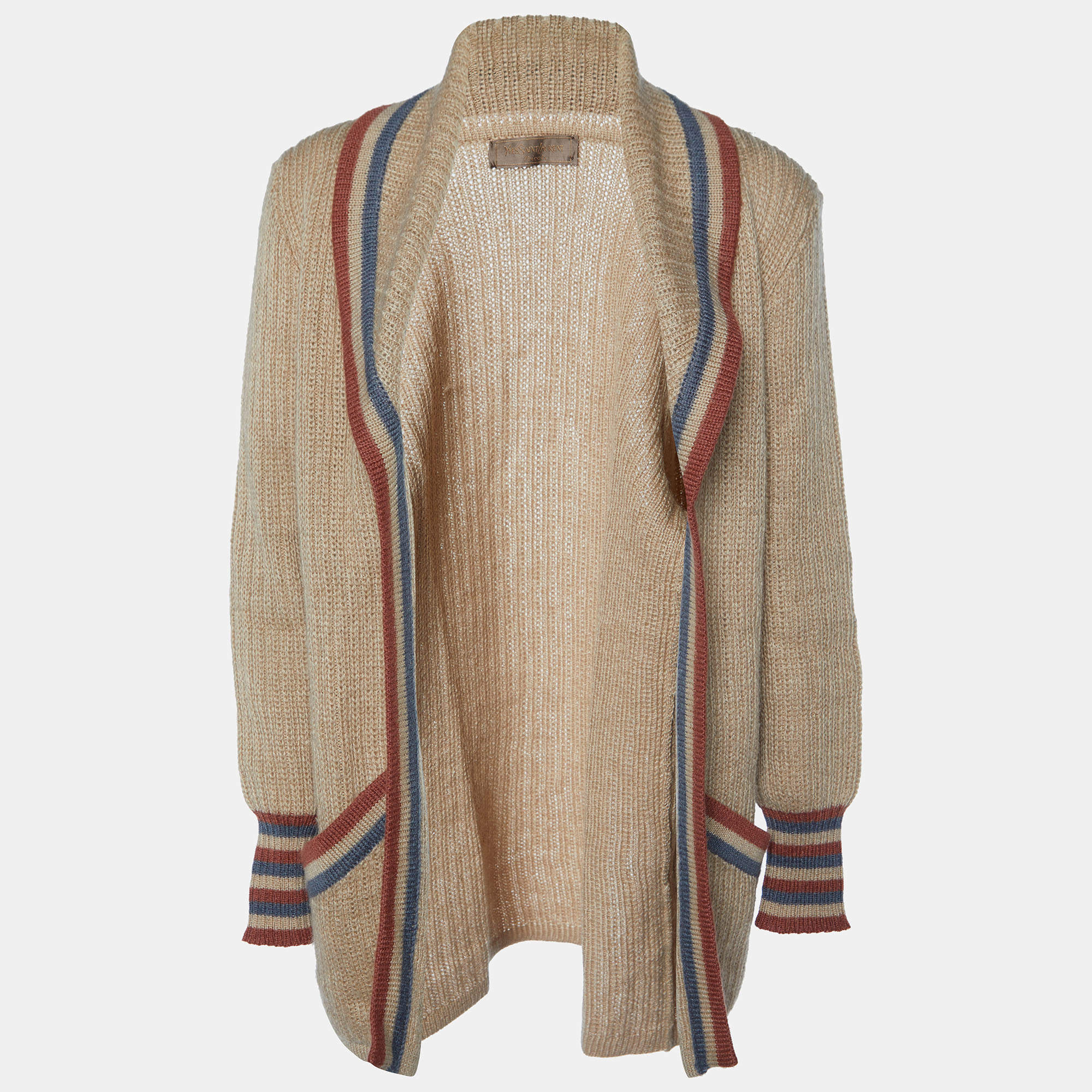 Pre Owned Yves Saint Laurent Vintage Brown Mohair Knit Open Front Cardigan L