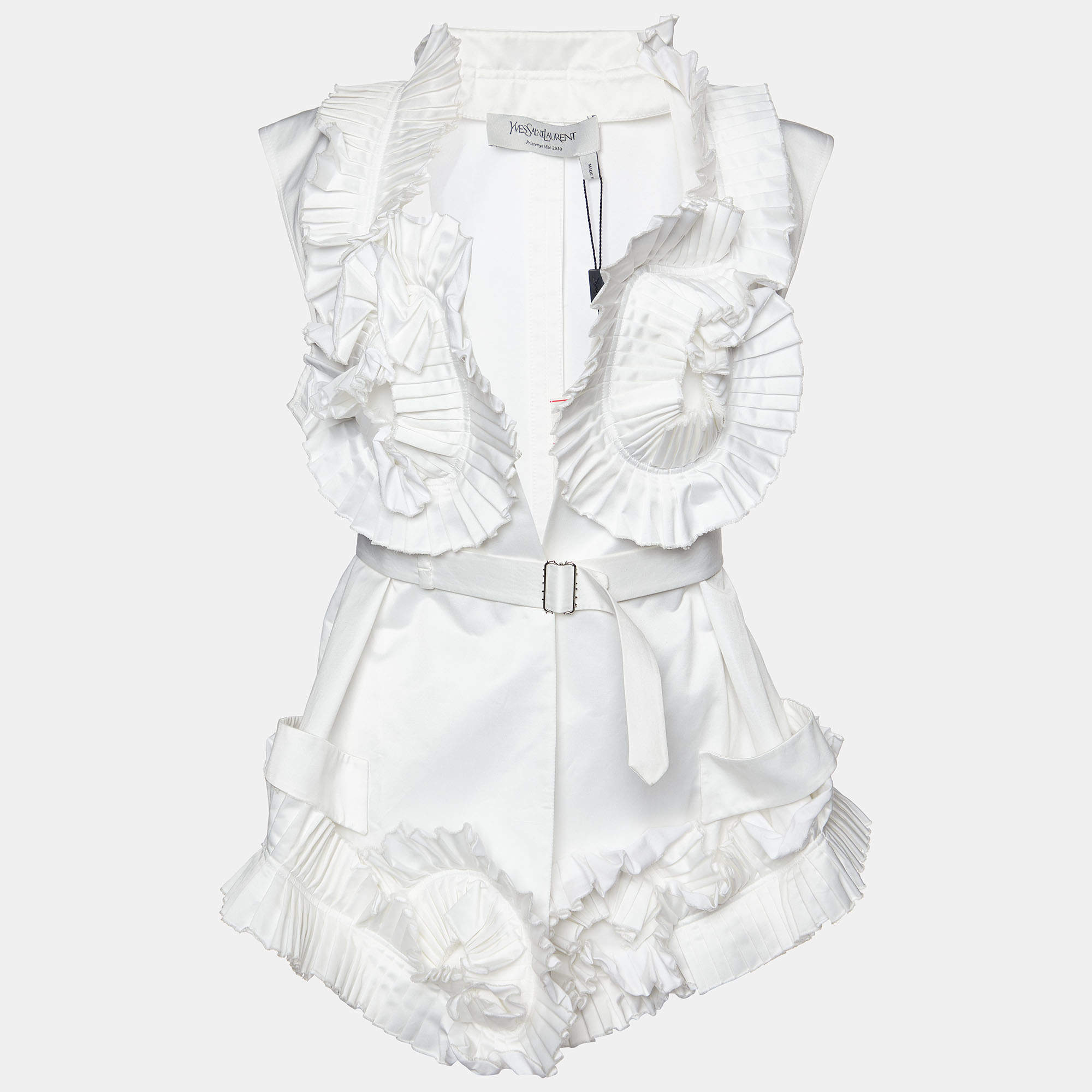 Pre Owned Yves Saint Laurent White Cotton Spiral Pleat Detail Belted Vest M