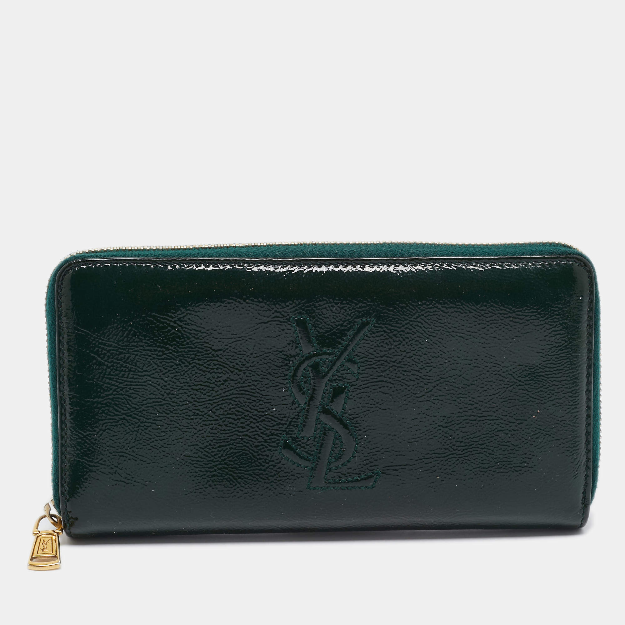 Pre Owned Yves Saint Laurent Green Patnet Leather Belle De Jour Zip Continental Wallet