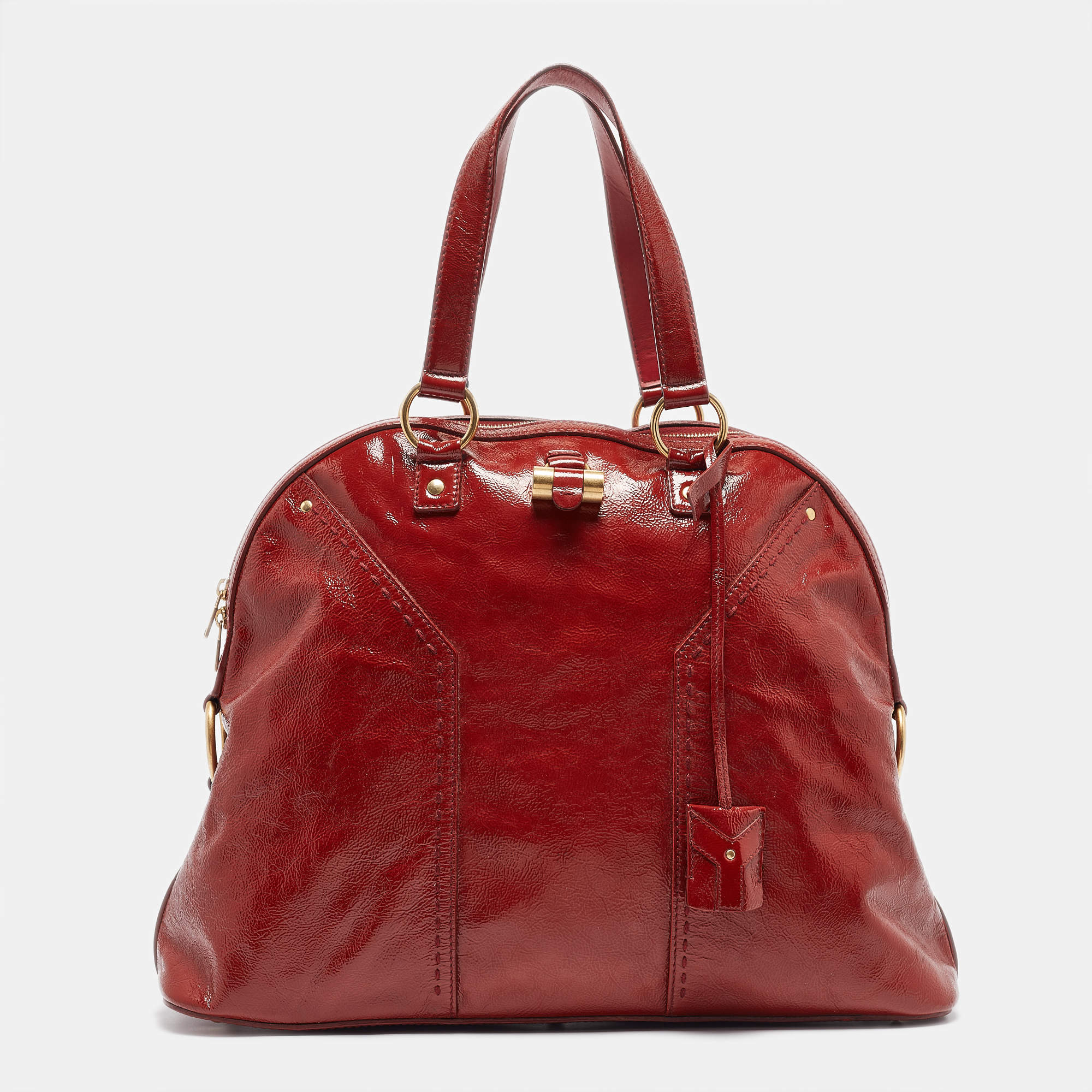 Pre Owned Yves Saint Laurent Red Patent Leather Oversized Muse Bag