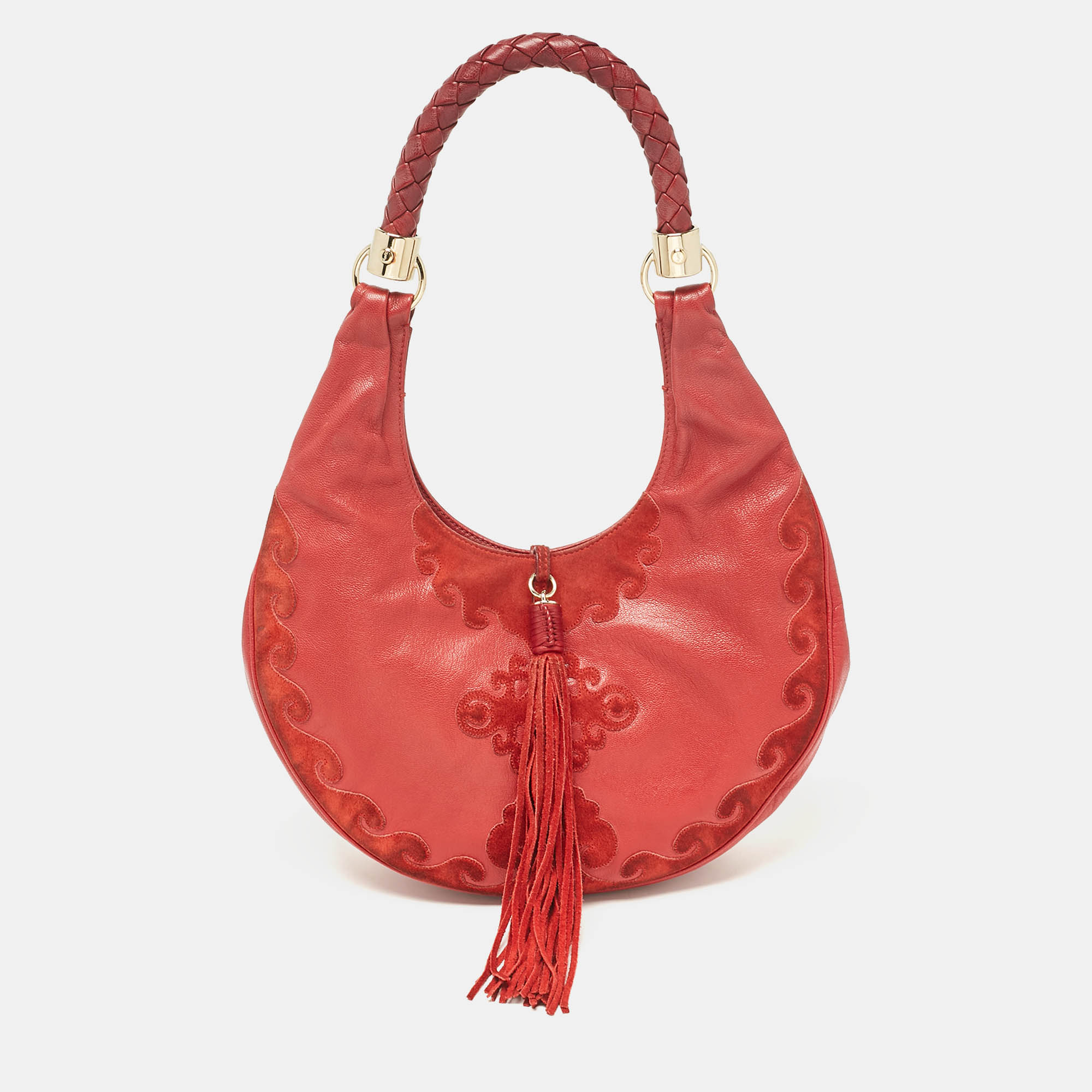 Pre Owned Yves Saint Laurent Paris Red Leather and Suede Rive Gauche Tassel Hobo