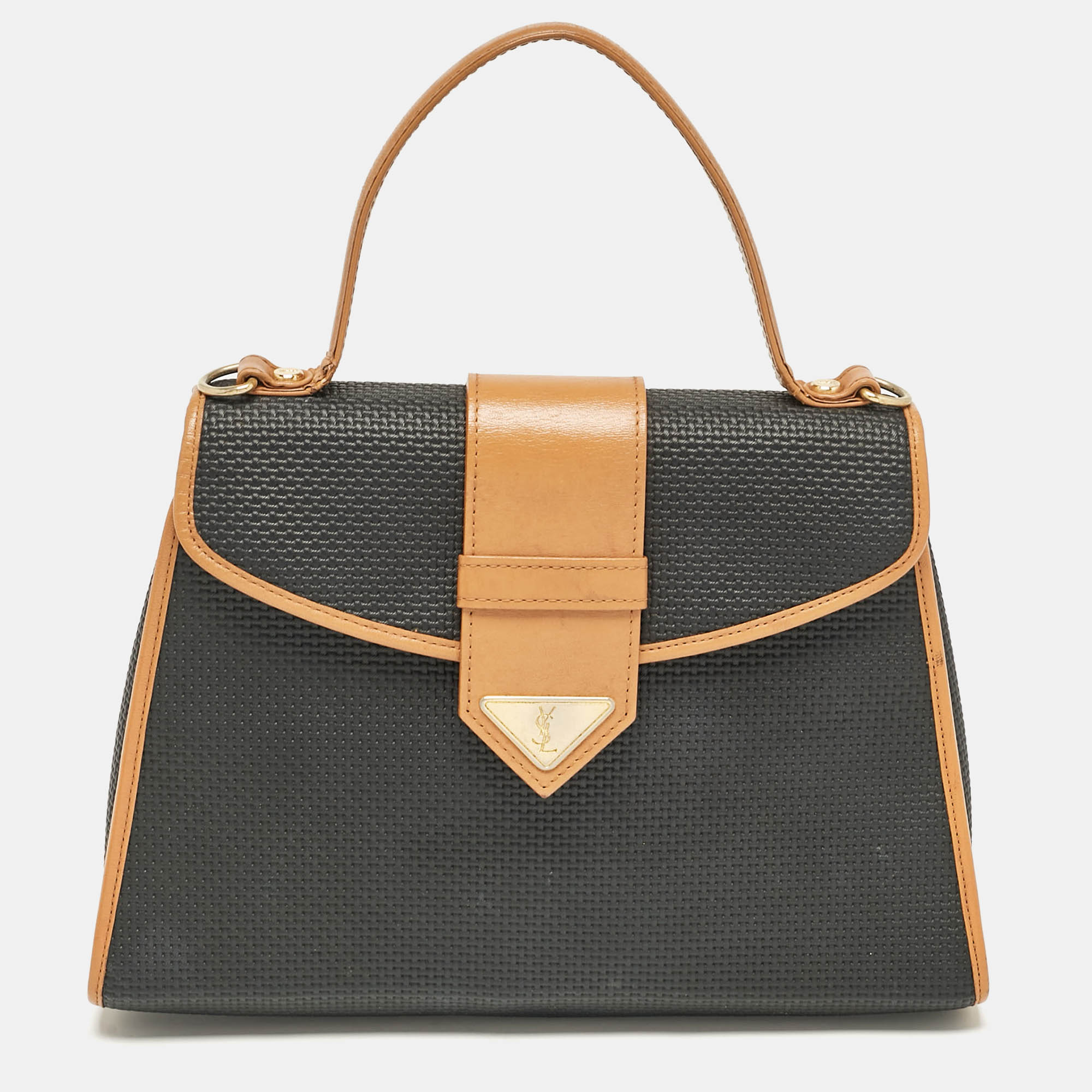 Yves Saint Laurent Black Coated Canvas and Leather Vintage Flap Top Handle Bag