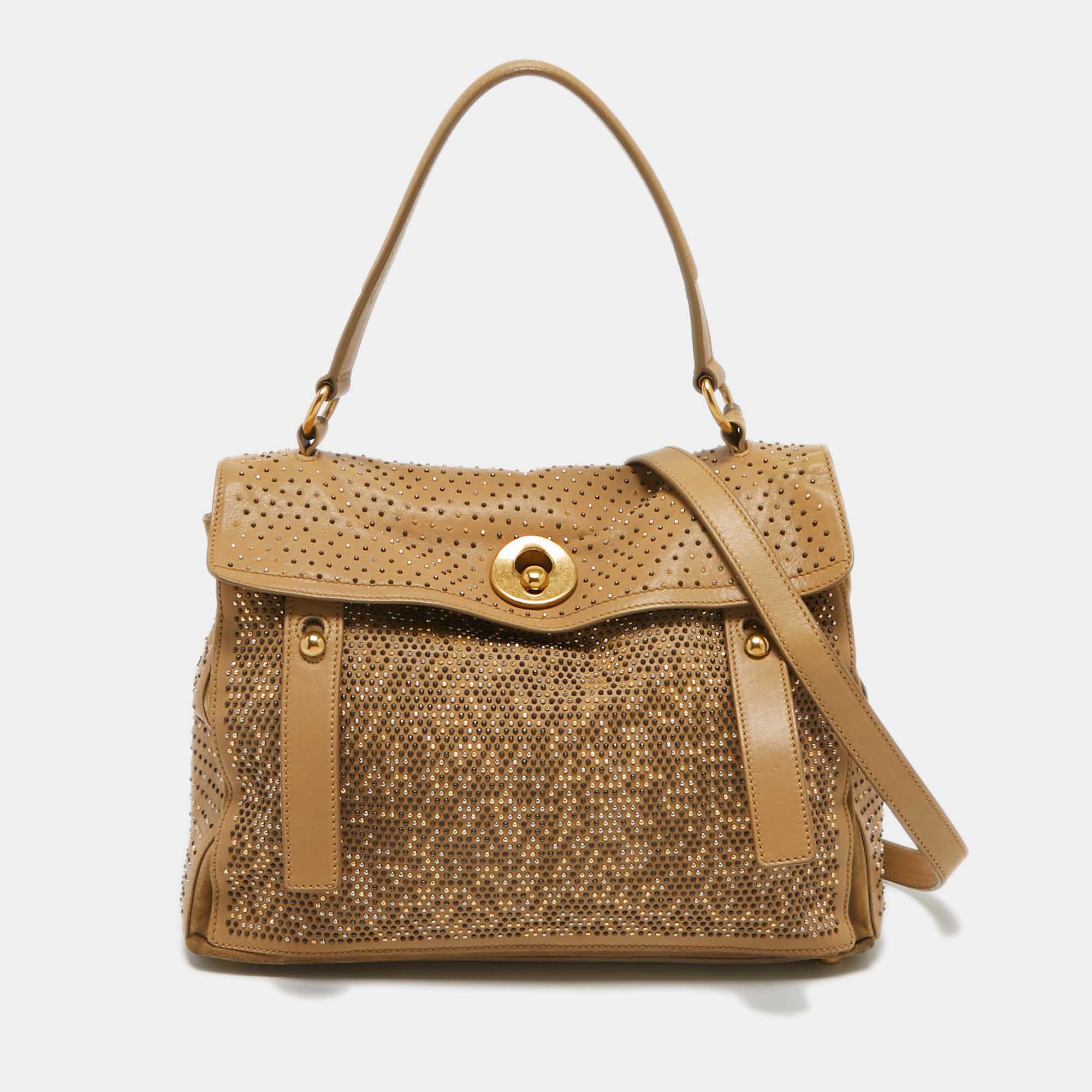 Yves Saint Laurent Beige Leather and Suede Studded Muse Two Satchel