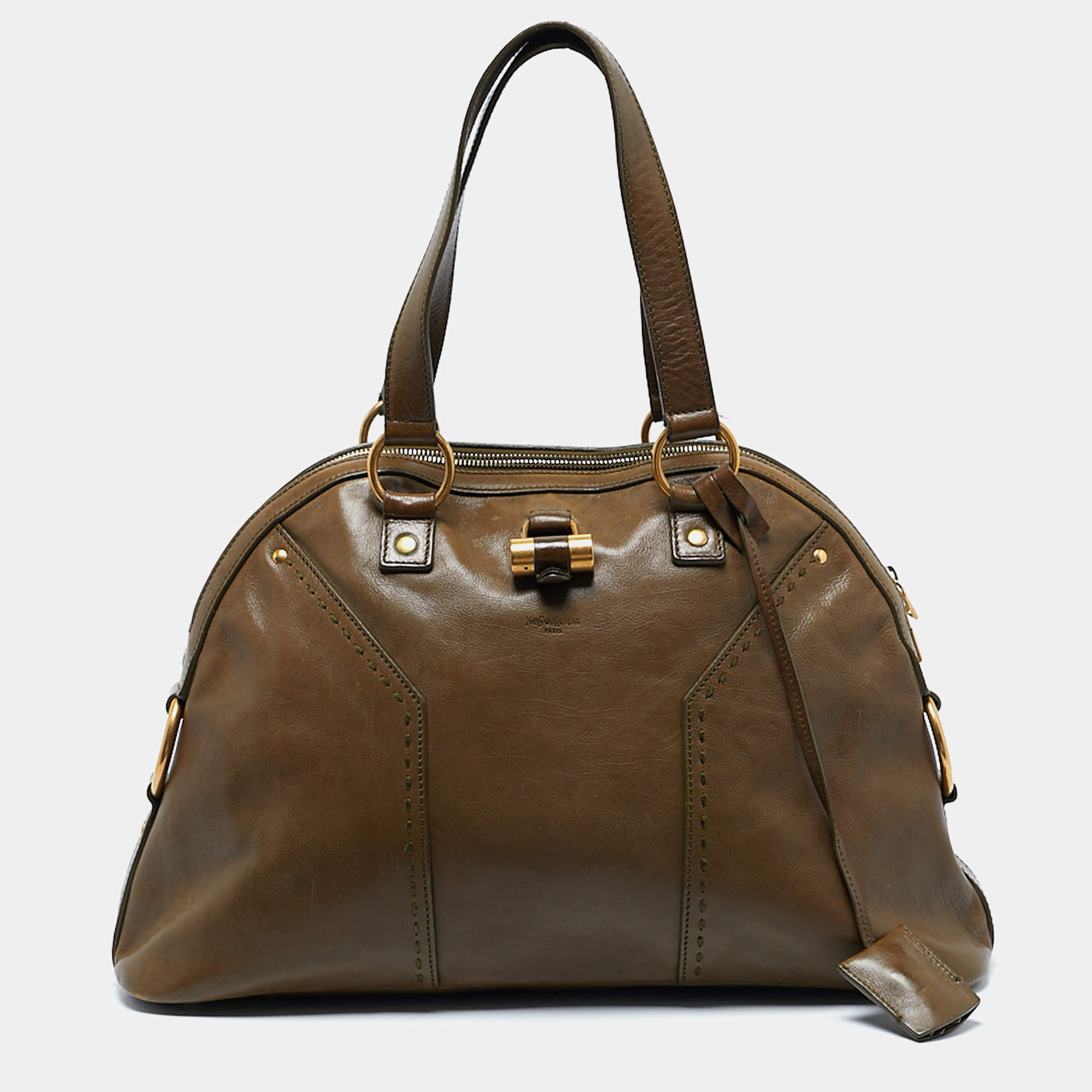 Yves Saint Laurent Olive Green Leather Large Muse Bag