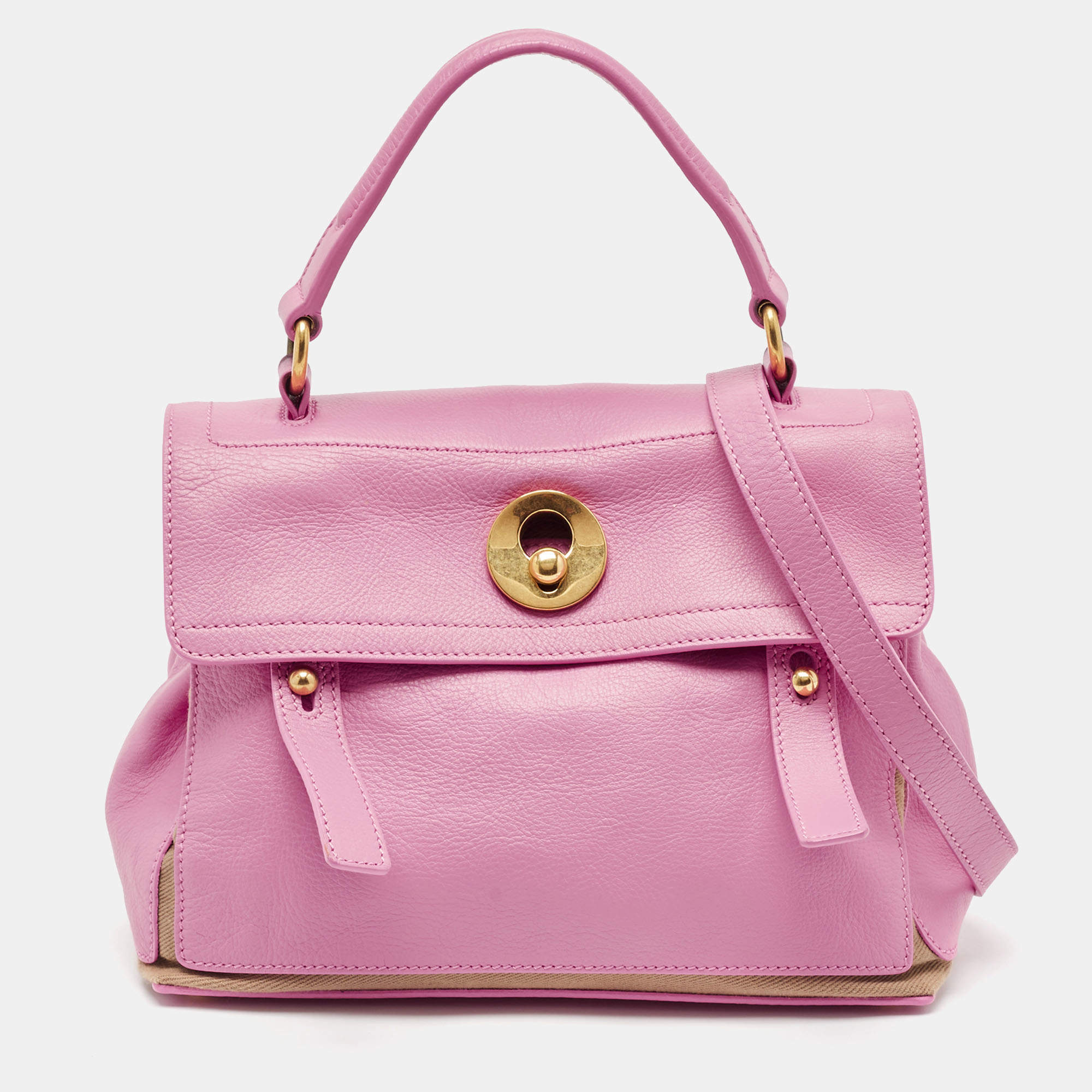 Yves Saint Laurent Pink/Beige Canvas and Leather Muse Two Top Handle Bag