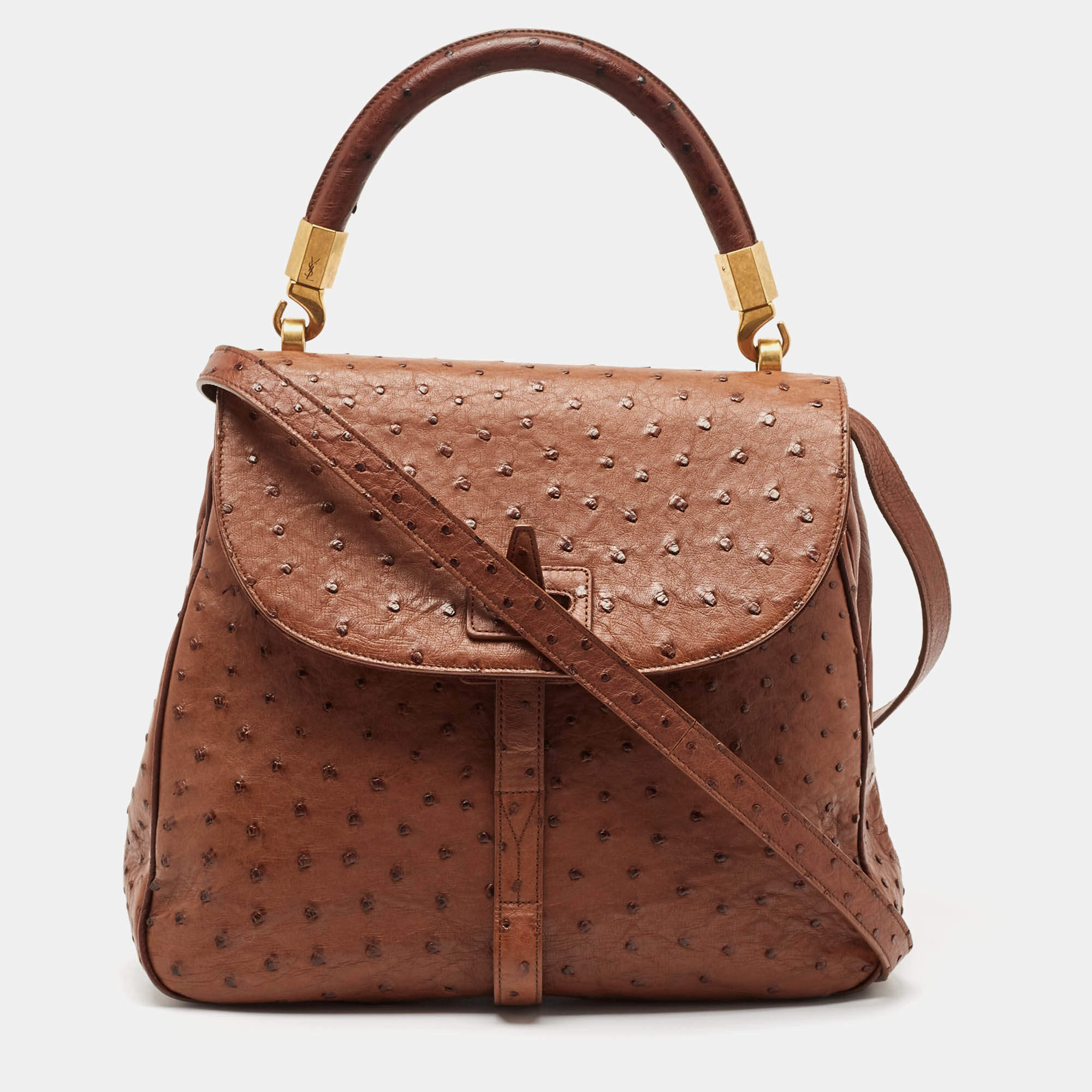 Pre Owned Yves Saint Laurent Brown Ostrich Leather Top Handle Bag