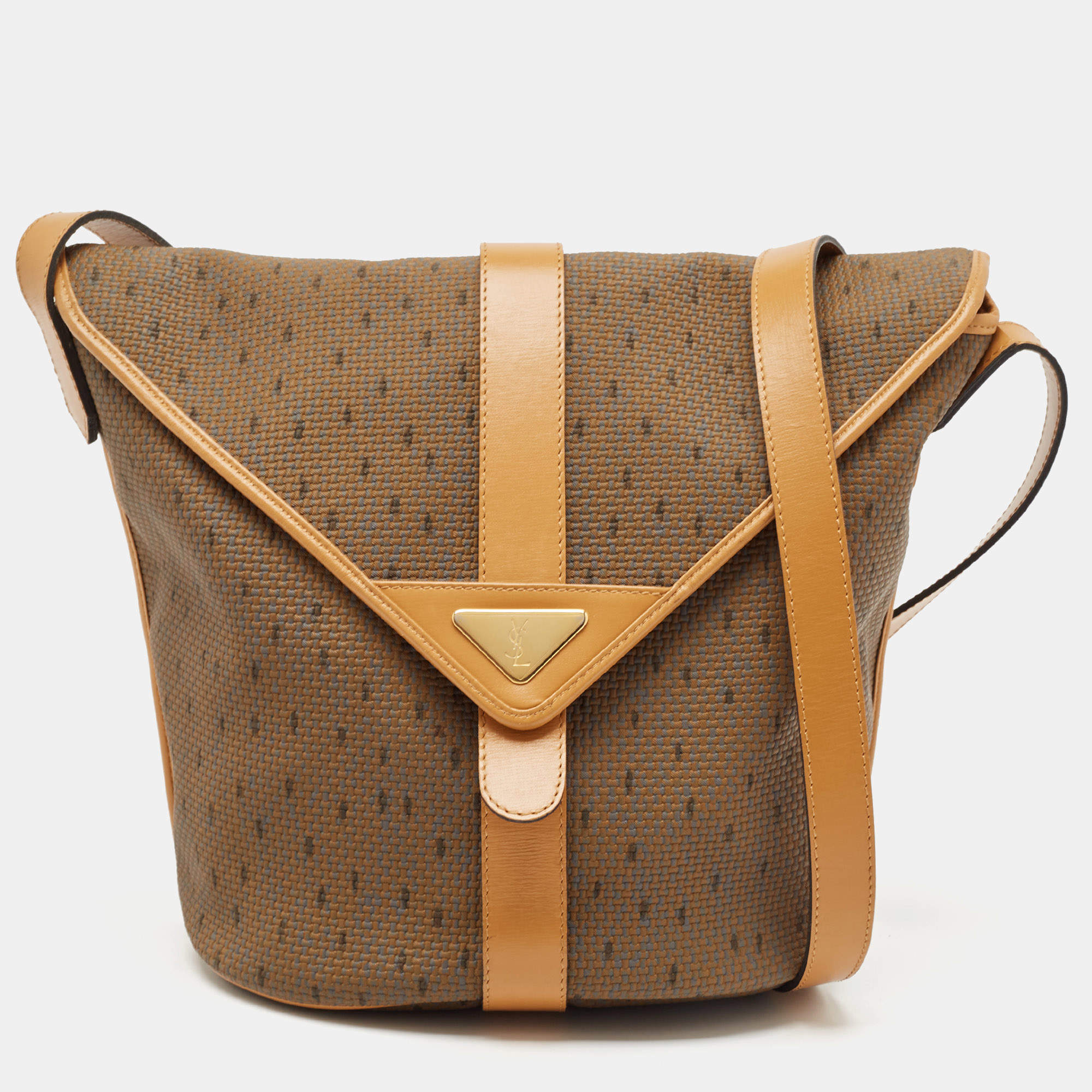 Pre Owned Yves Saint Laurent Brown Printed Woven Fabric and Leather Flap Bucket Bag