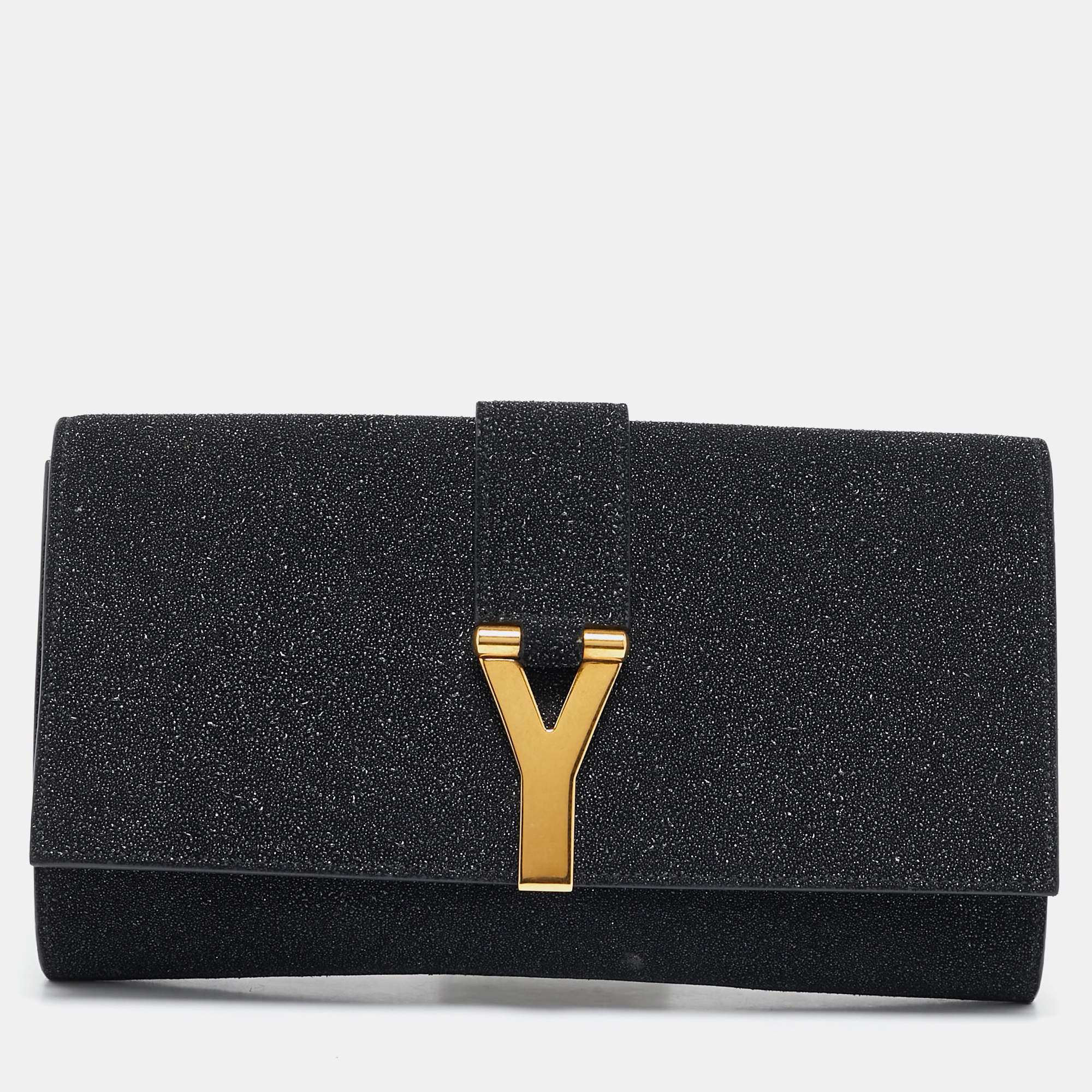 Yves Saint Laurent Black Metallic Glitter Suede Y Line Flap Clutch