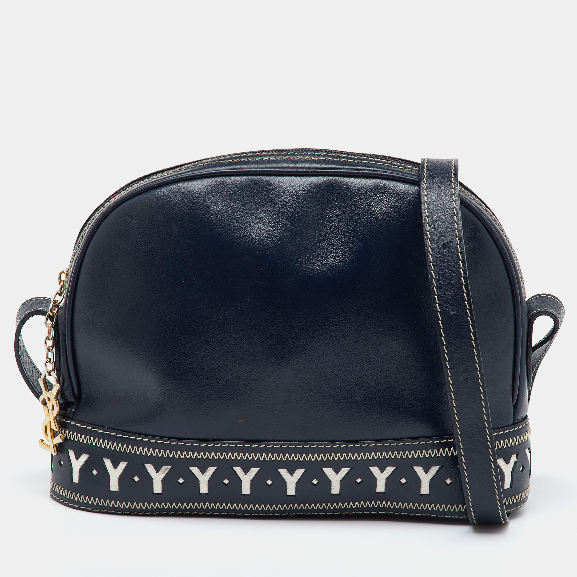 Yves Saint Laurent Navy Blue Leather Vintage Dome Zip Satchel