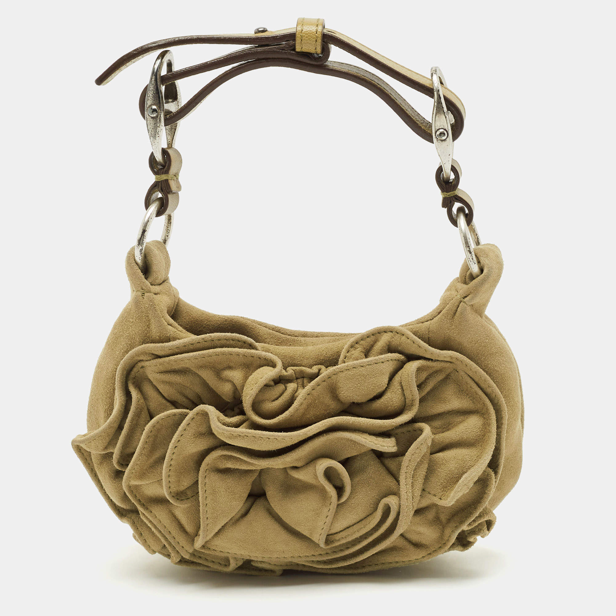 Yves Saint Laurent Beige Leather and Suede Floral Applique Clutch Bag