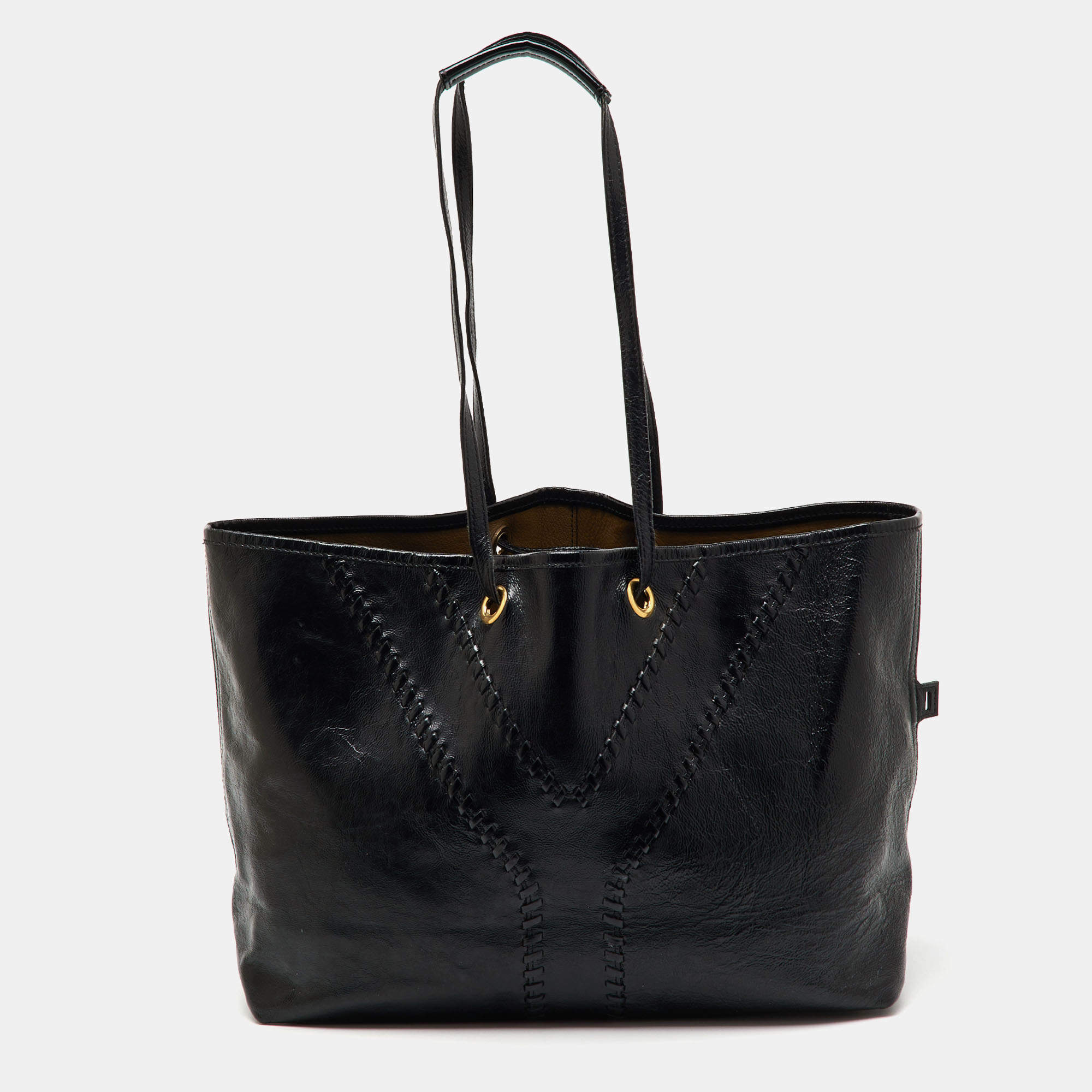 Yves Saint Laurent Black Patent Leather Whipstitch Shopper Tote