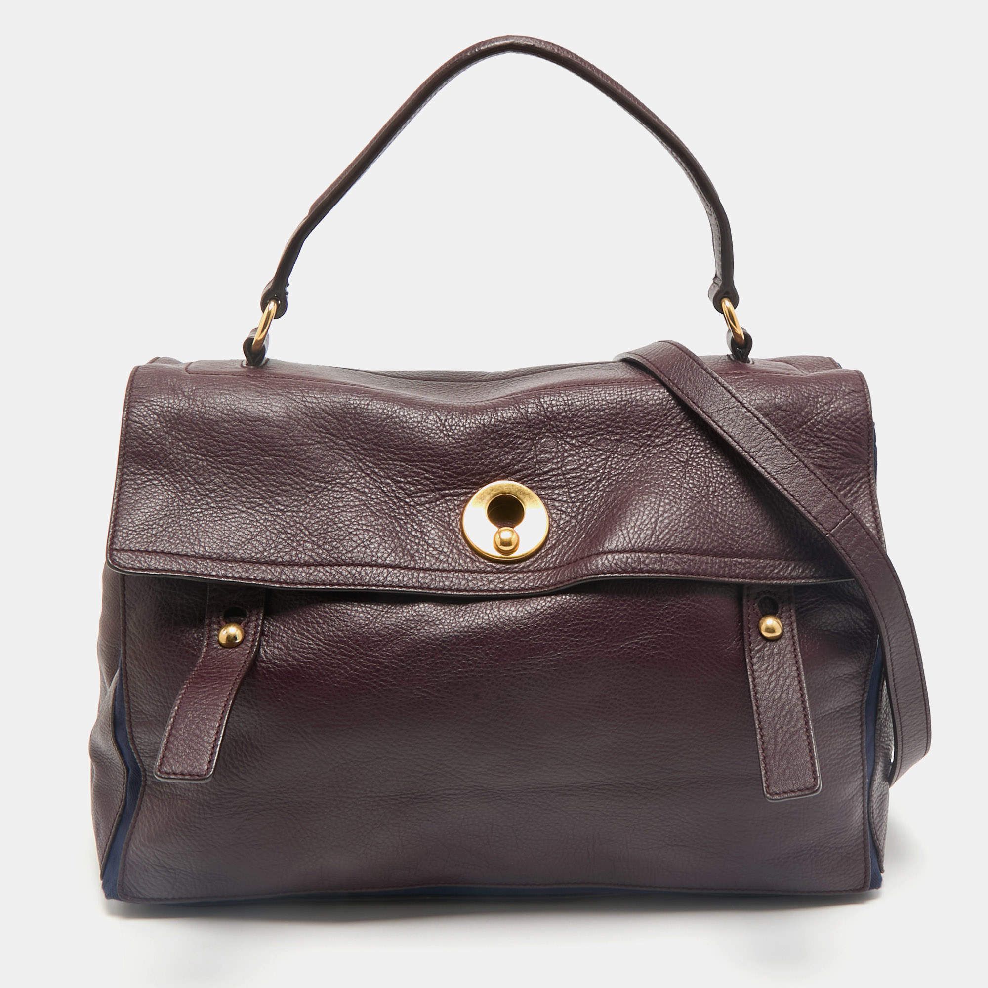 Yves Saint Laurent Burgundy/Blue Leather and Fabric Large Muse Two Top Handle Bag