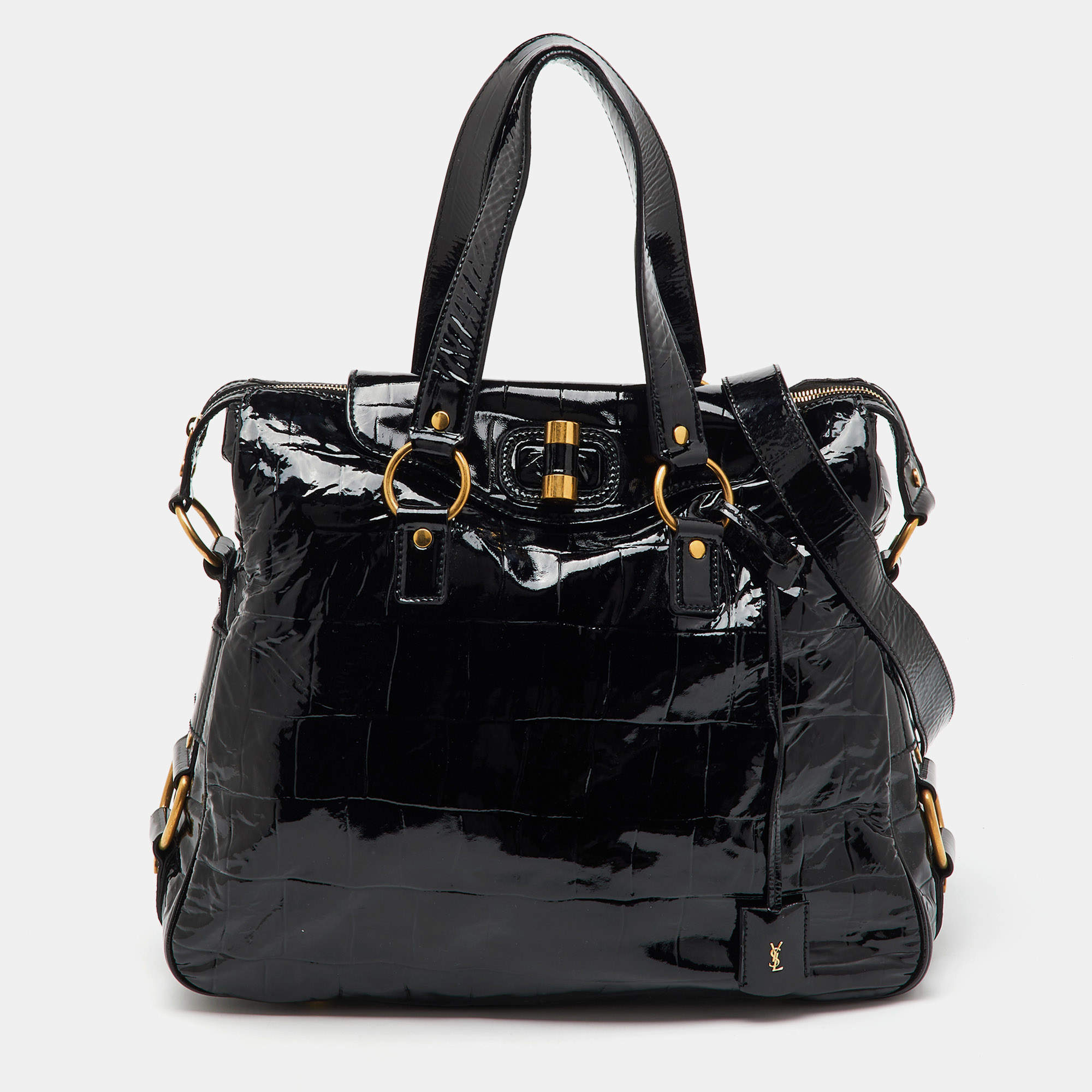 Yves Saint Laurent Black Croc Embossed Patent Leather Muse Messenger Bag
