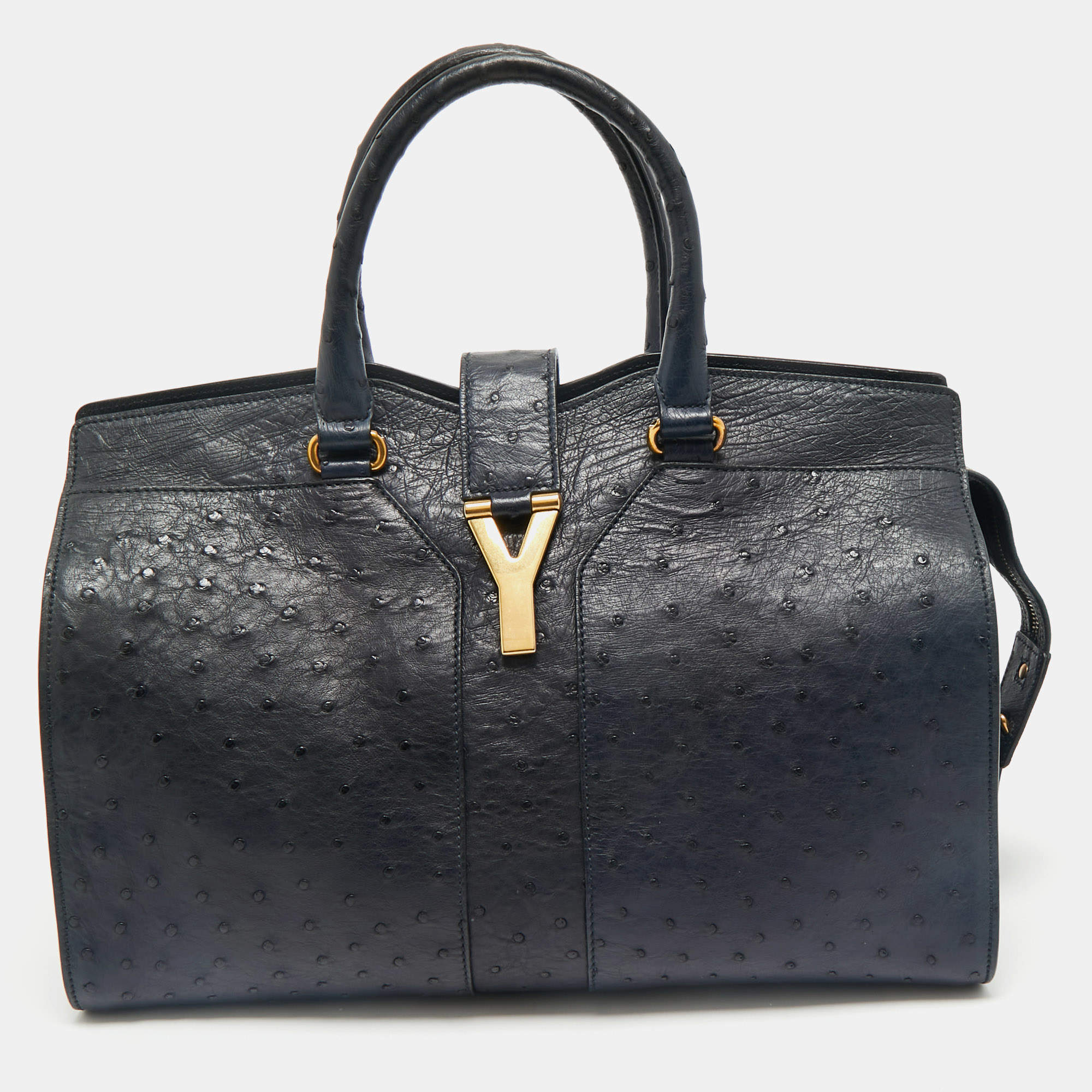 Yves Saint Laurent Navy Blue Ostrich Medium Cabas Chyc Tote