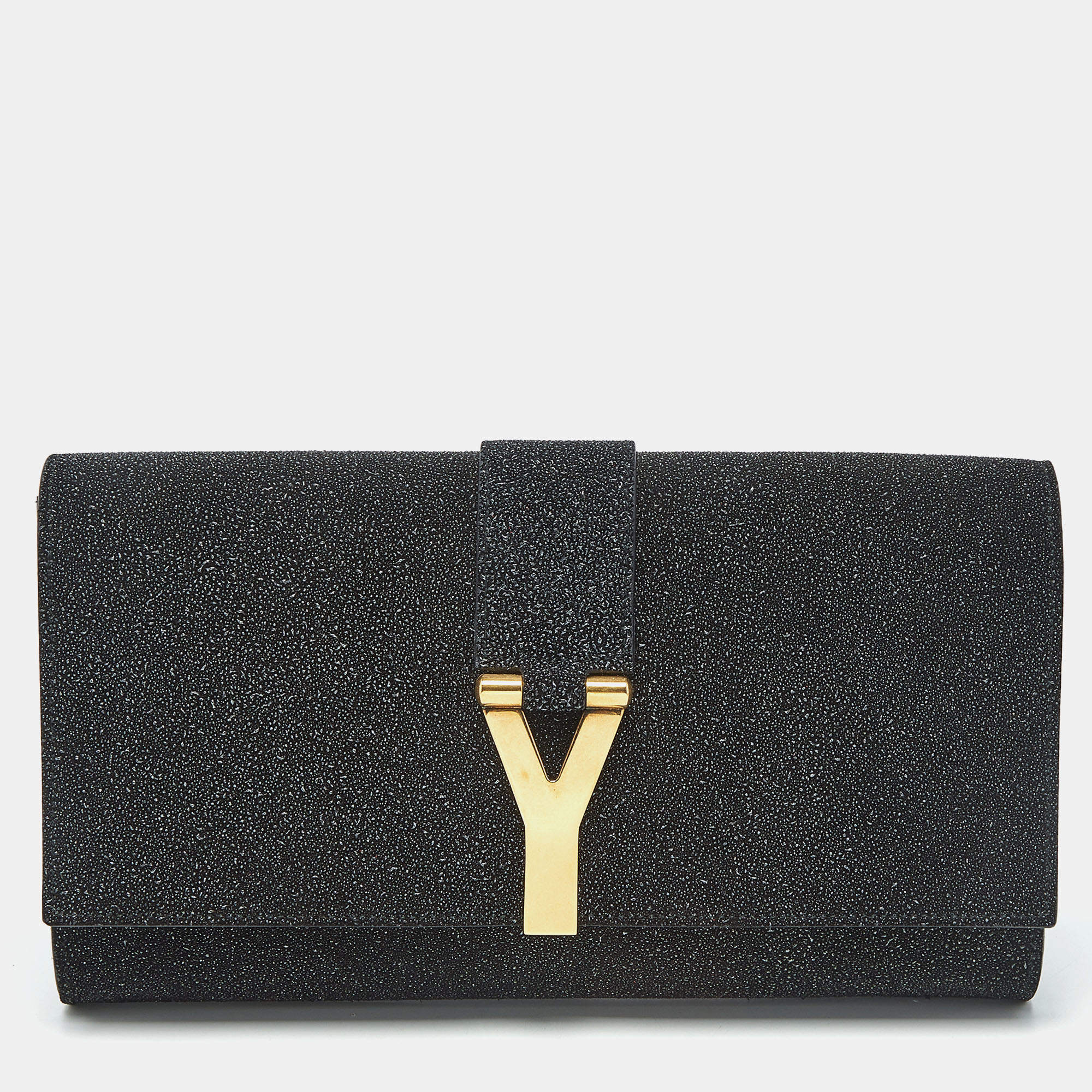 مملوكة مسبقًا Yves Saint Laurent Black Textured Coated Suede Y-Ligne Clutch