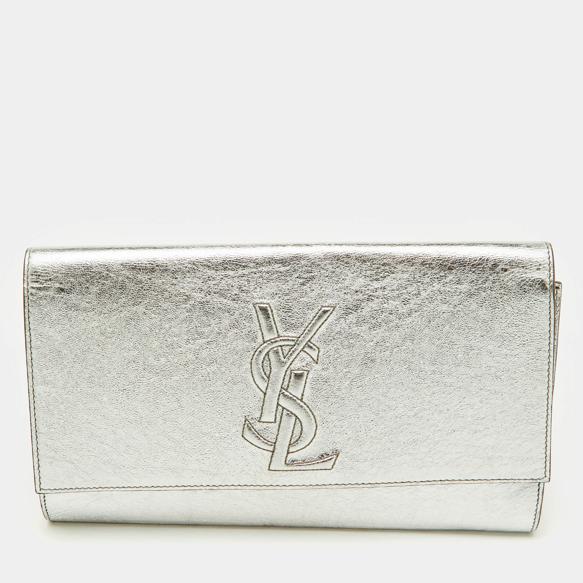Pre Owned Yves Saint Laurent Silver Leather Belle De Jour Flap Clutch